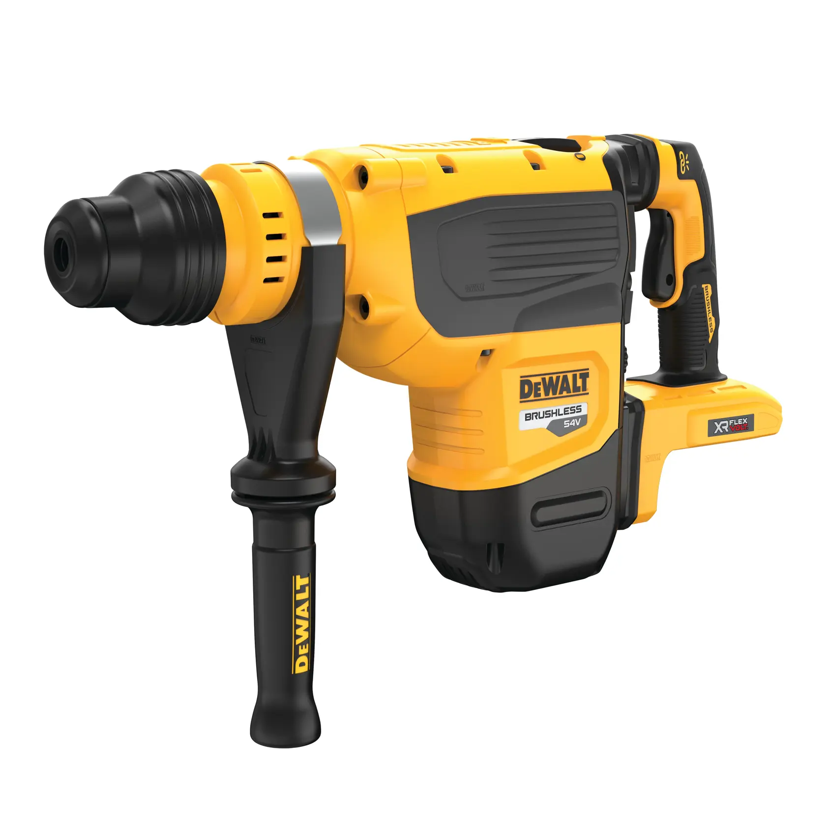 Ein schnurloser DEWALT Bohrhammer, Modell DCH735N, mit gelb-schwarzem Design, Seitenhandgriff und bürstenlosem 54V Motor.
