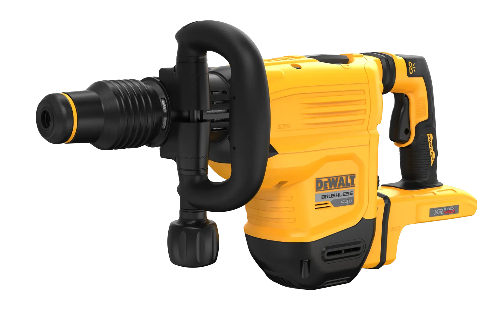 DEWALT Akku-Abbruchhammer, gelb-schwarz, mit sichtbarem Seitenhandgriff.