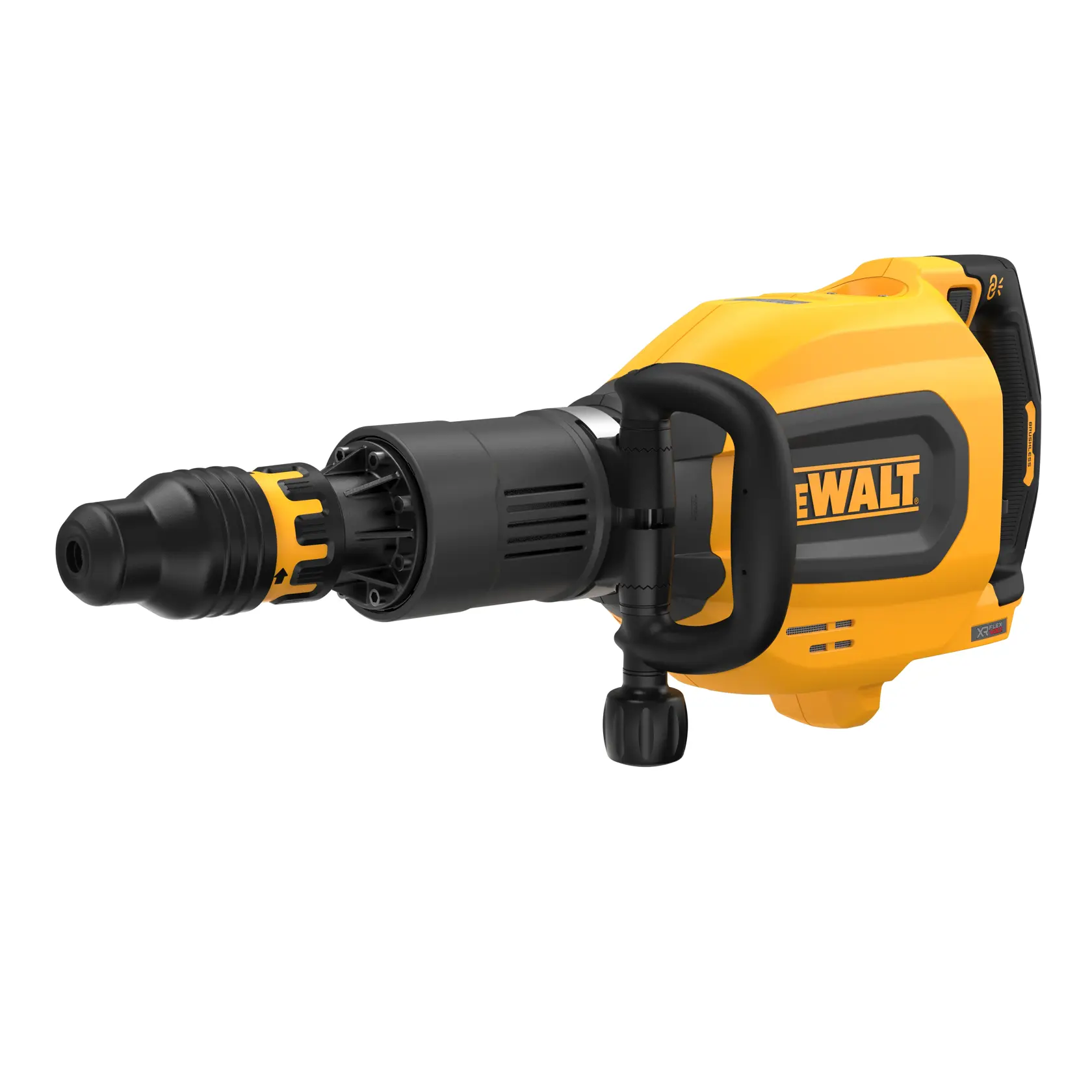 DEWALT Akku-Bohrhammer in Gelb und Schwarz, Seitenansicht mit Griff und Bit sichtbar.