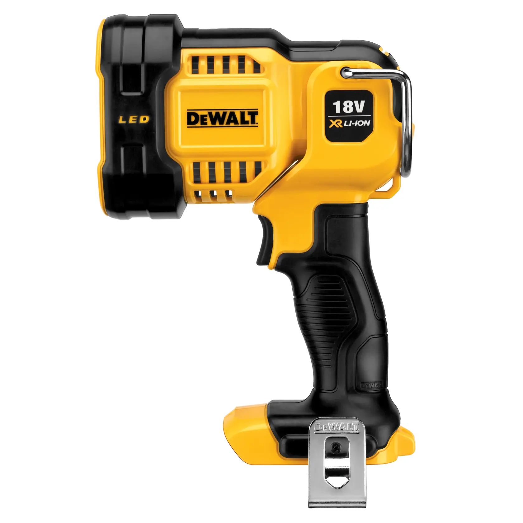 Eine DEWALT 20V MAX LED-Handarbeitslampe mit vier LED-Birnen und einem ergonomischen schwarzen und gelben Griff, stehend auf weißem Hintergrund.