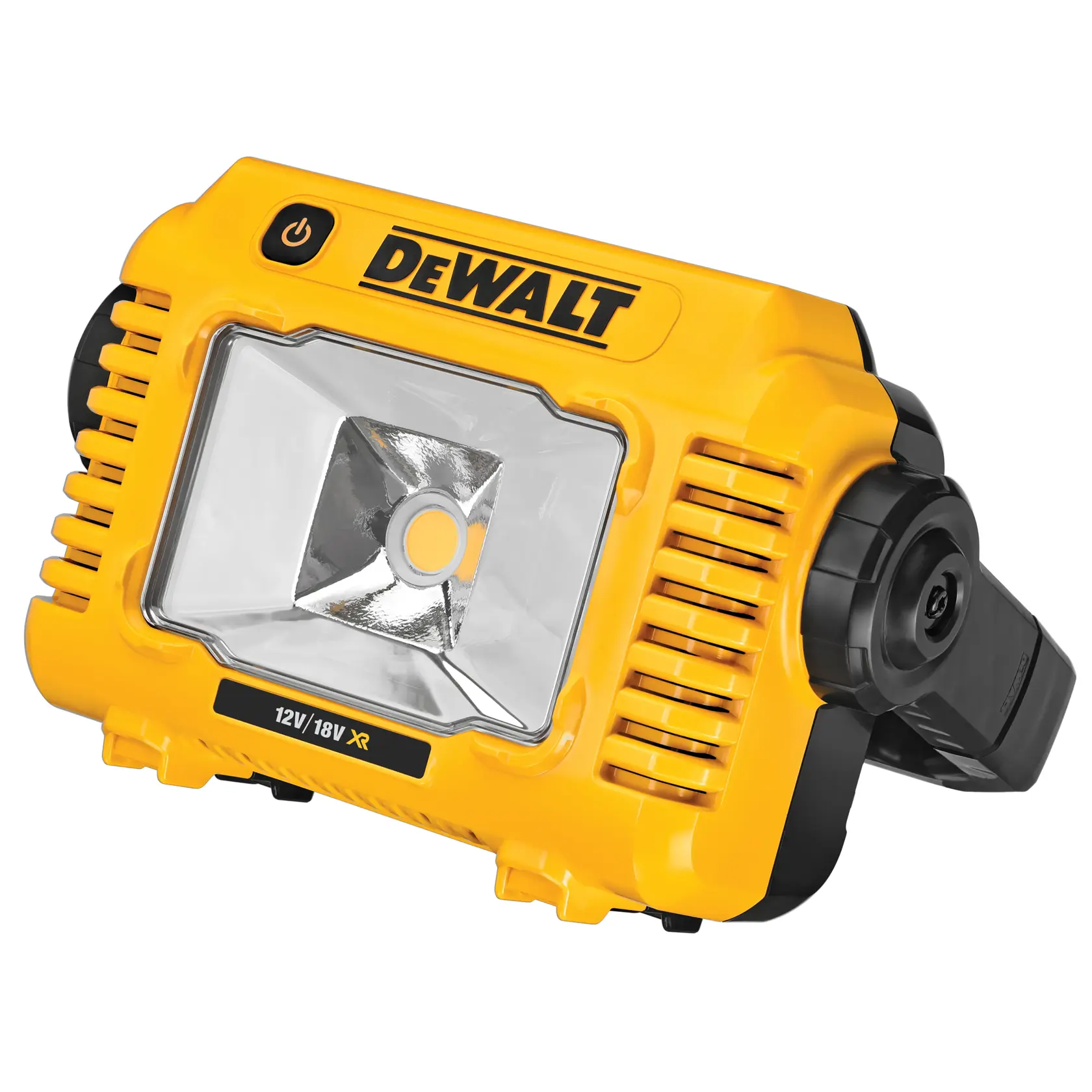 Gelbe DEWALT tragbare LED-Arbeitsleuchte mit verstellbarem Standfuß, für 12V/18V XR Akkus.