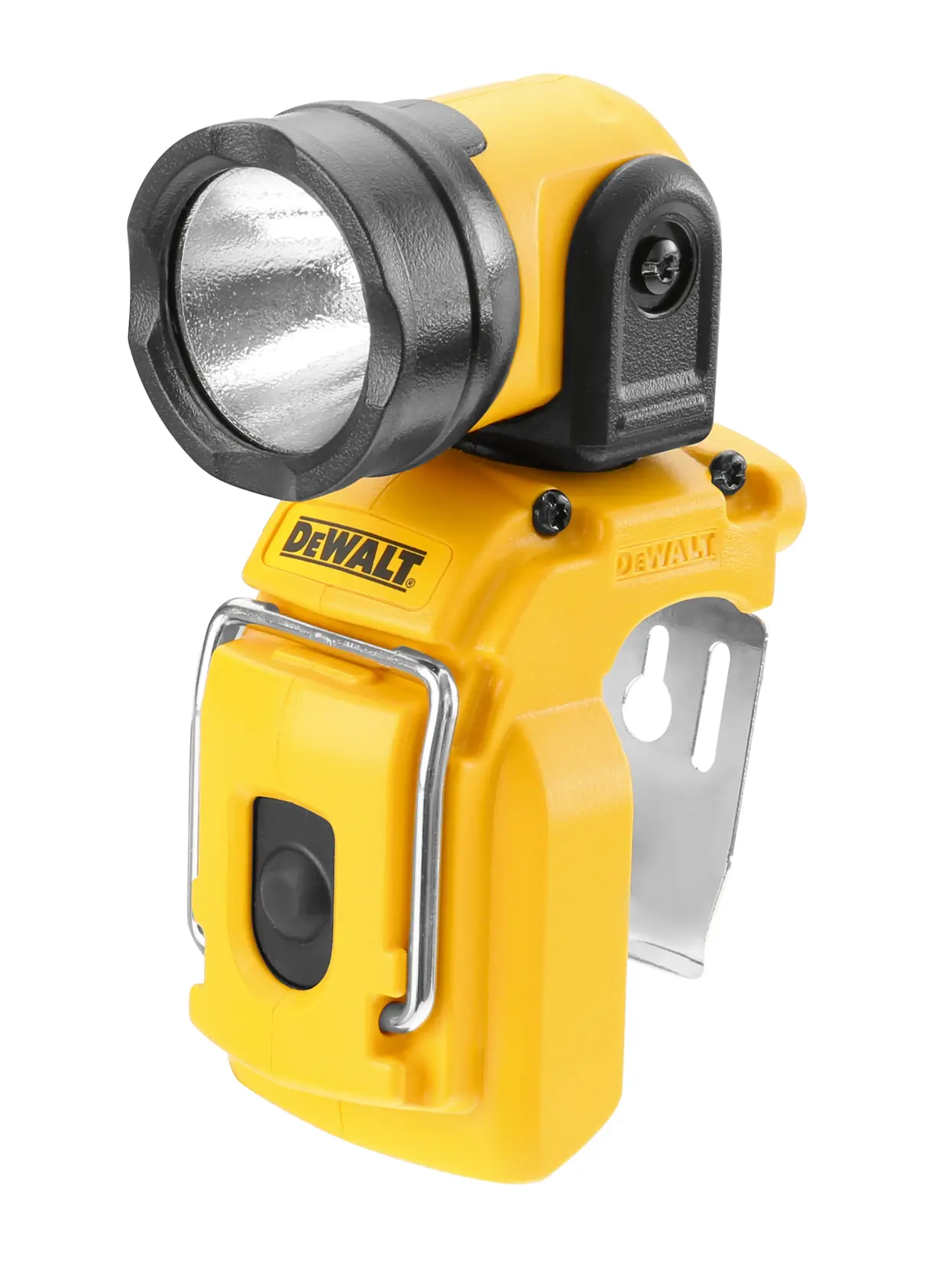Kompakte gelbe DEWALT LED-Taschenlampe mit verstellbarem Kopf und Metallclip zur einfachen Befestigung.