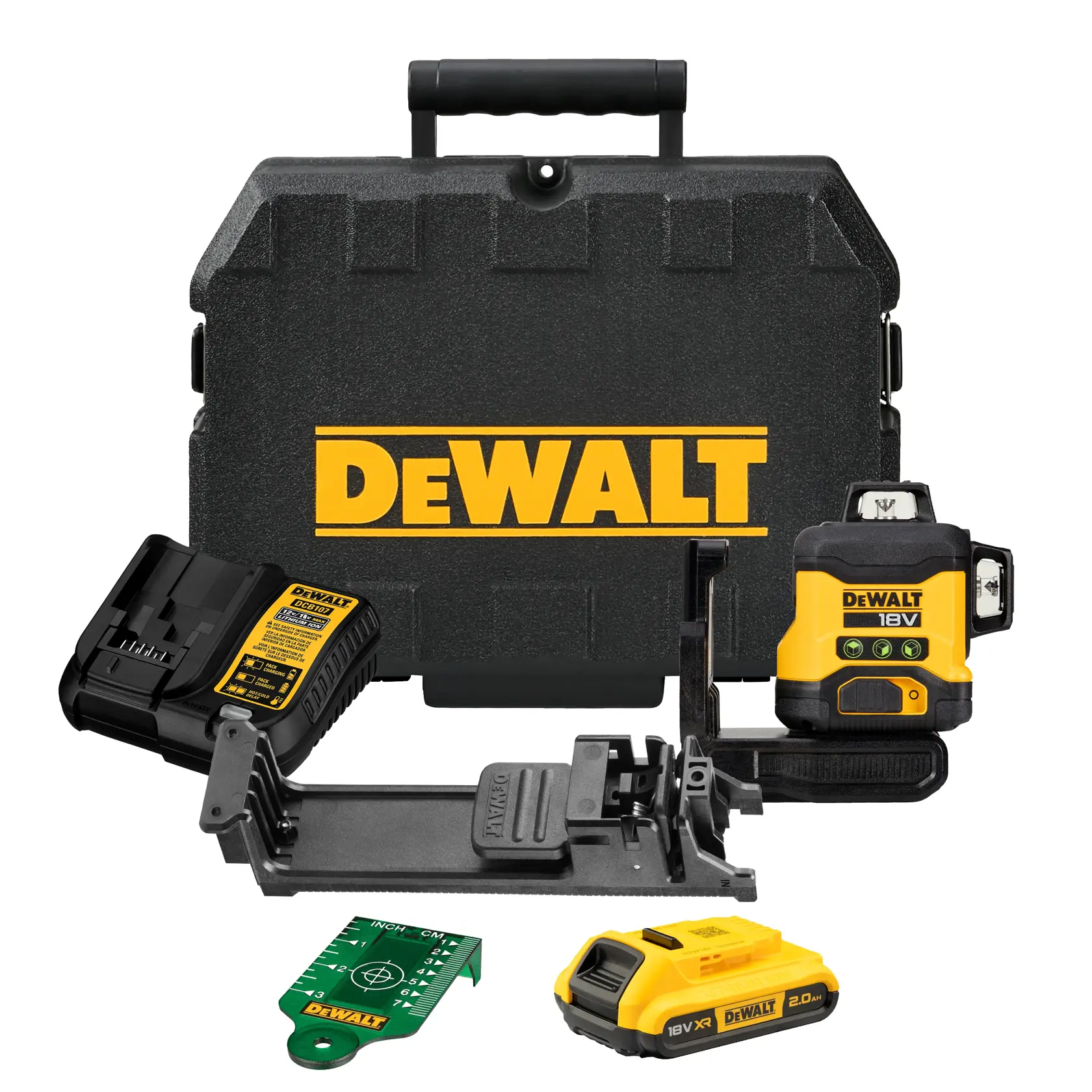 DEWALT 18V Laser-Wasserwaagen-Set mit Hartschalenkoffer, Ladegerät, Akku, Halterung und Zielplatte.