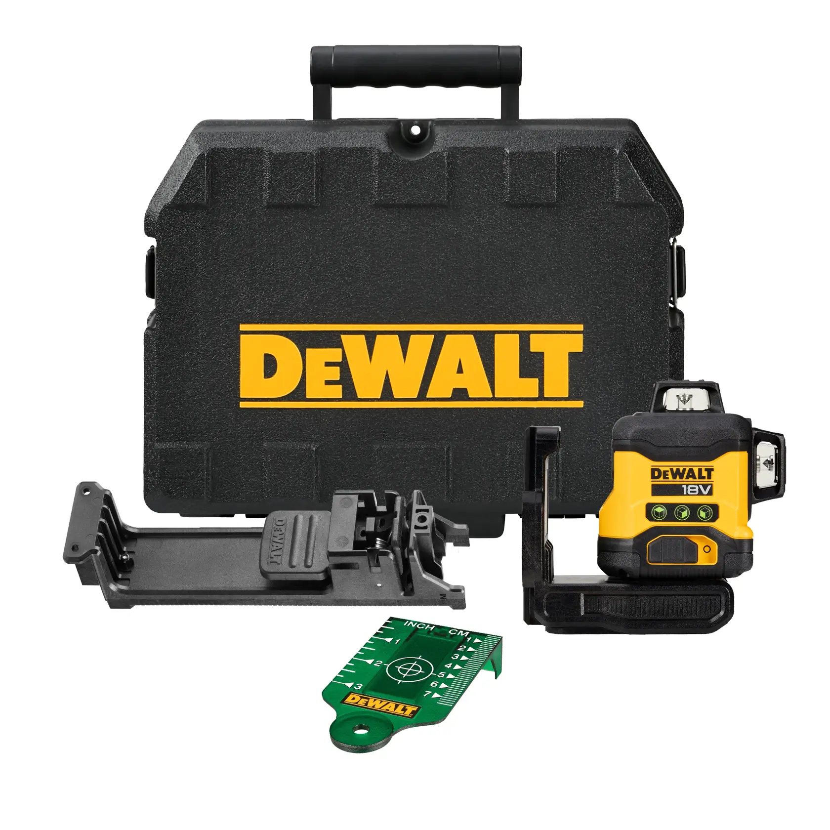 DEWALT 18V Laser-Nivelliergerät-Set mit Koffer, Halterung und grünem Zielwerkzeug.