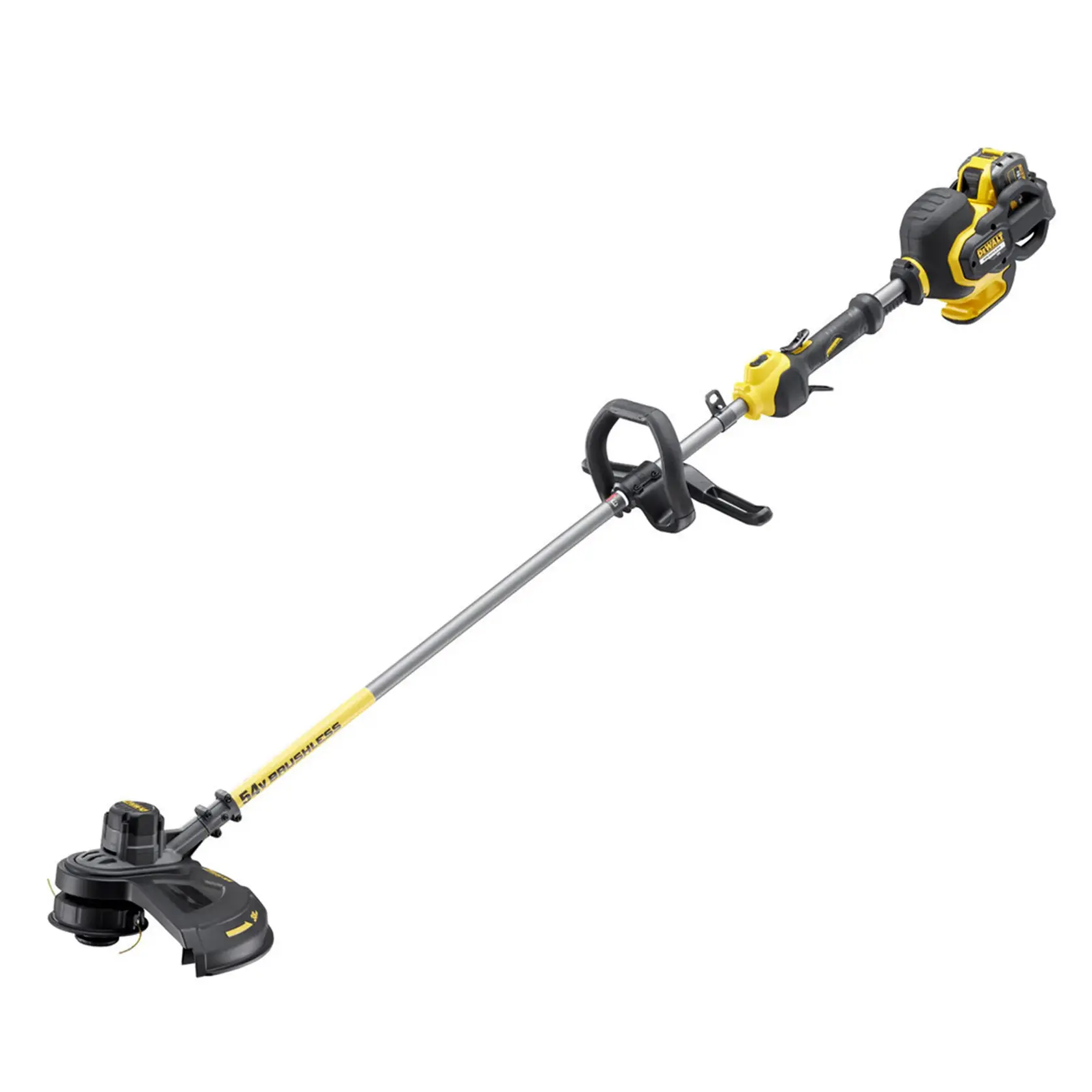 Ein kabelloser Rasentrimmer von DEWALT mit gelb-schwarzem Design, langem Metallschaft, Griff und Schneidkopf.