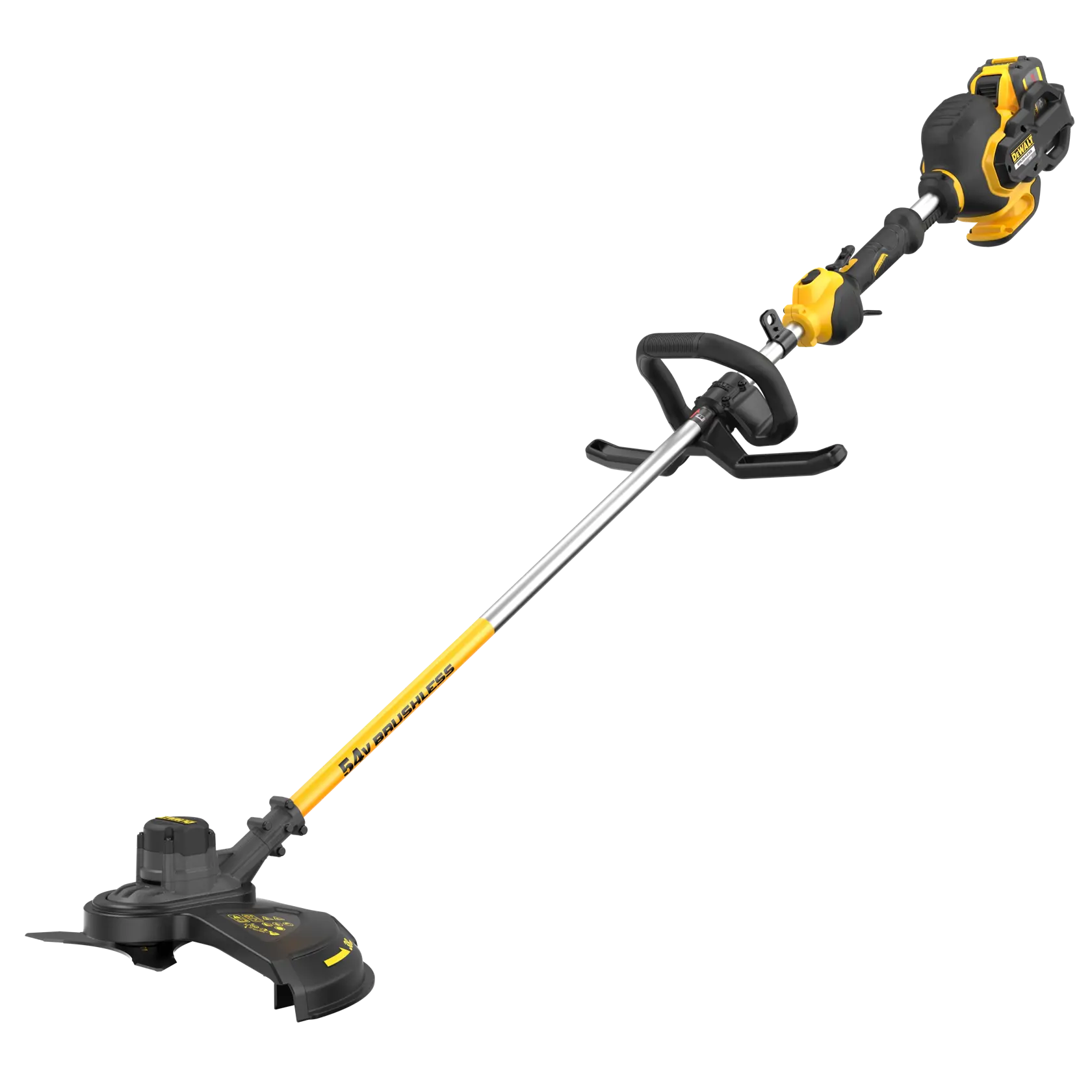 Ein kabelloser Rasentrimmer von DEWALT mit gelb-schwarzem Design, langem Griff, verstellbarem Handgriff und Schneidkopf zum Trimmen von Gras und Kanten.