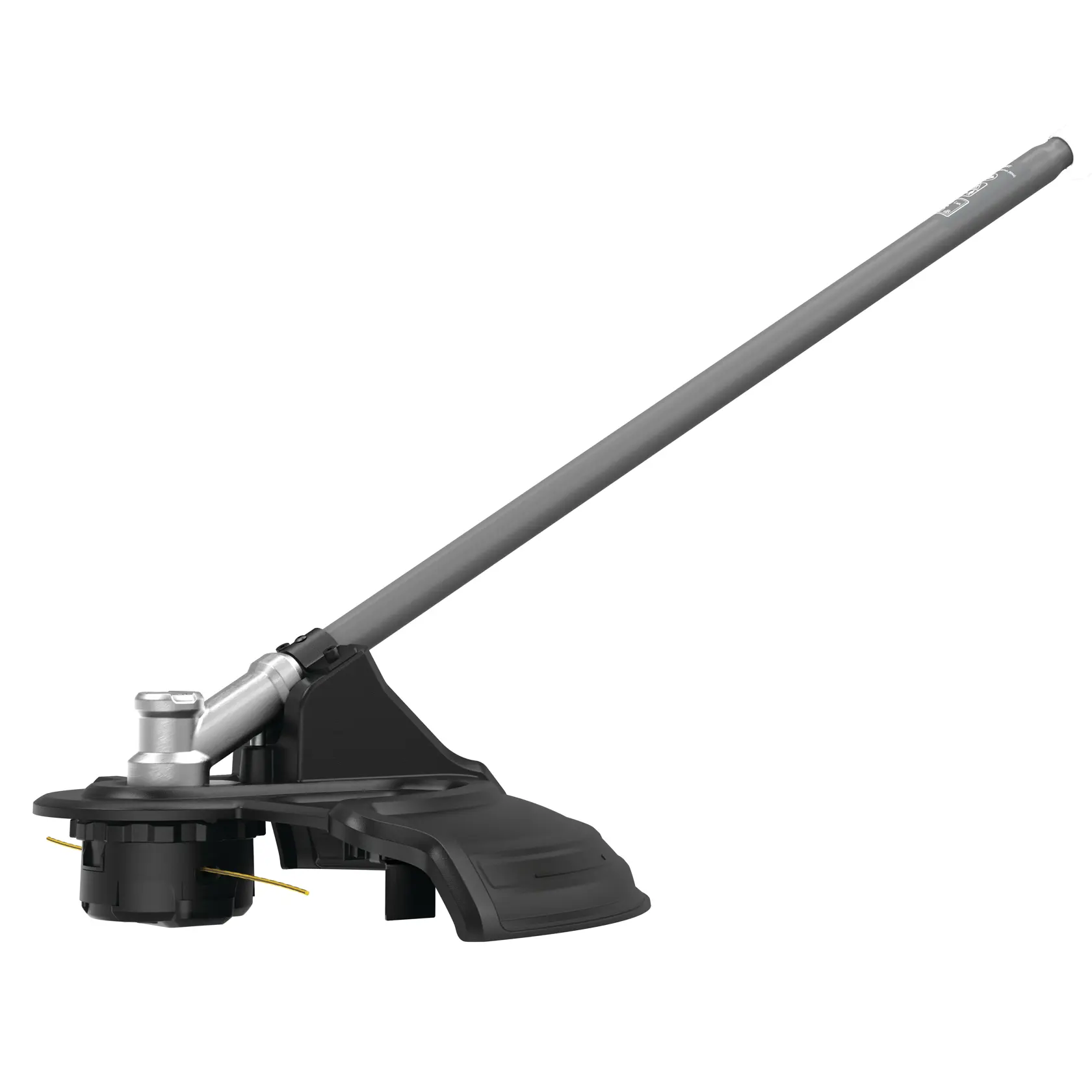 Ein DEWALT-Fadentrimmer-Aufsatz mit grauem Schaft und schwarzem Schneidkopf, entwickelt für die Rasen- und Gartenpflege.