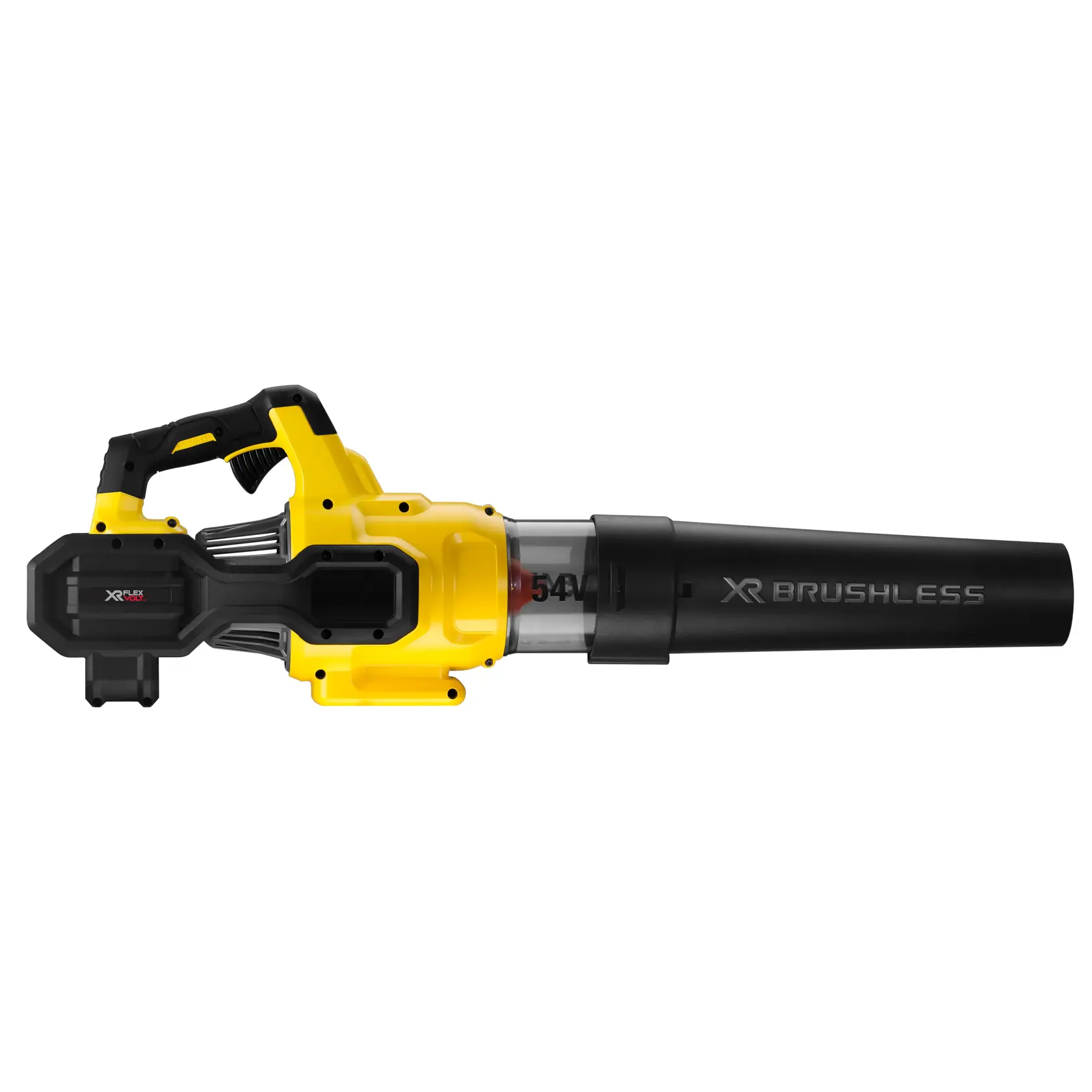 DEWALT Akku-Laubbläser in Gelb und Schwarz mit XR Brushless-Motor, Seitenansicht auf weißem Hintergrund.