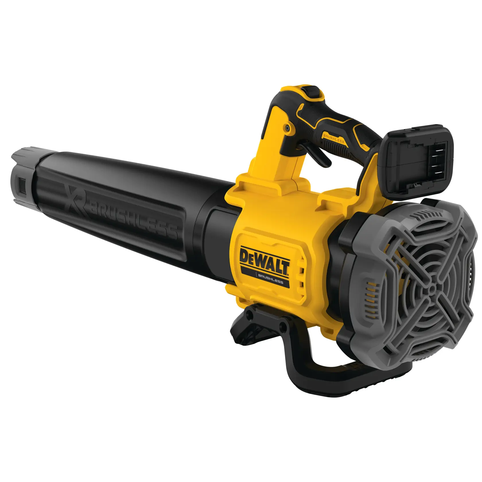 DEWALT Akku-Laubbläser, gelb und schwarz, brushless Modell DCMBL562N auf weißem Hintergrund.