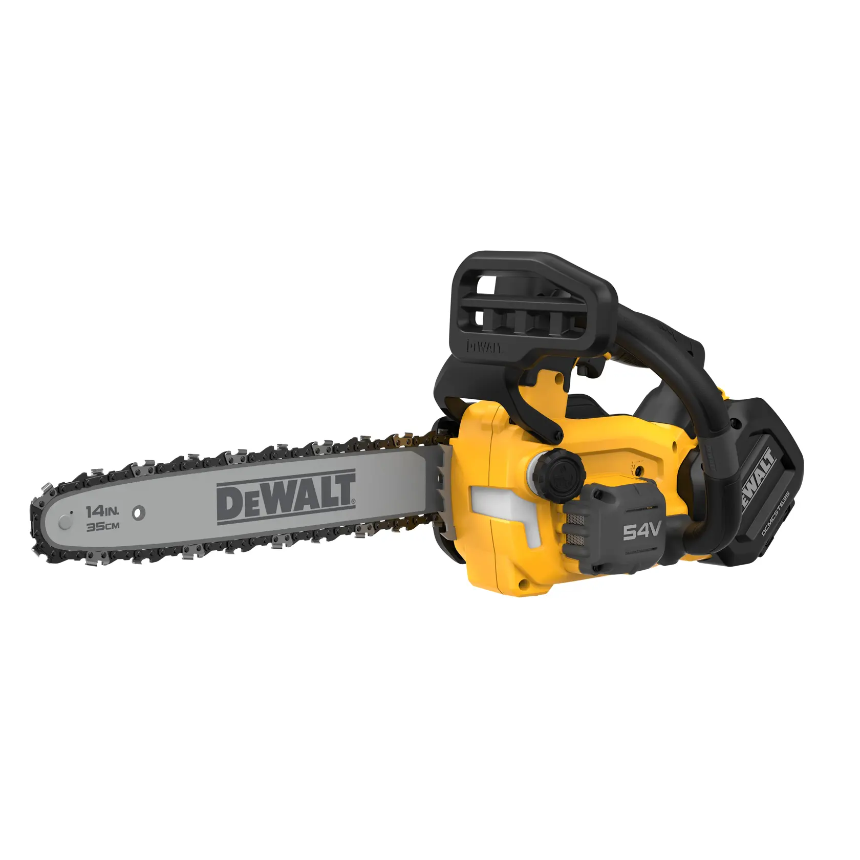DEWALT Akku-Kettensäge, gelb-schwarz, 54V, 14-Zoll Blatt, vor weißem Hintergrund.