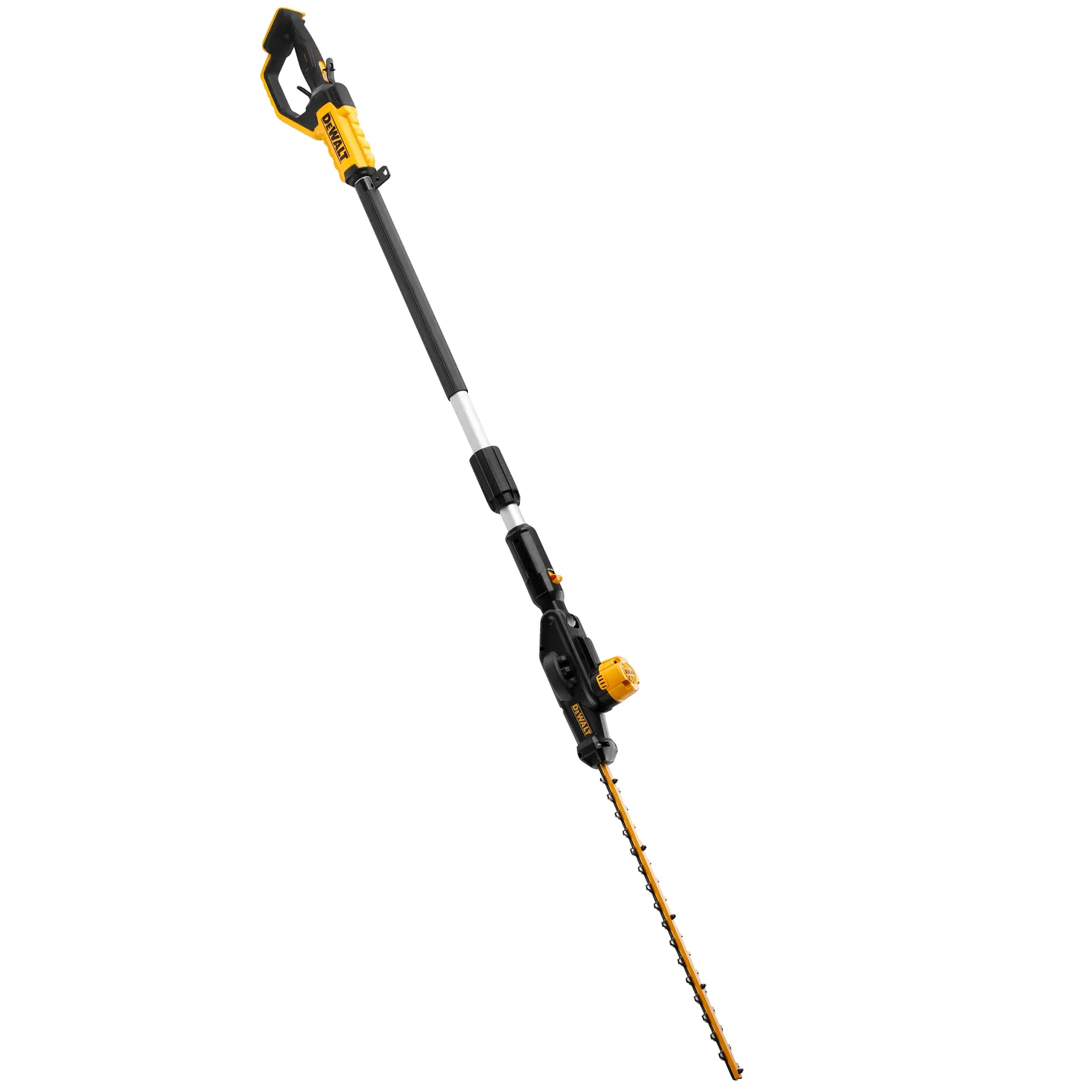 DEWALT kabelloser Heckenschneider mit verstellbarem Messer, für einfaches Schneiden in großer Reichweite.