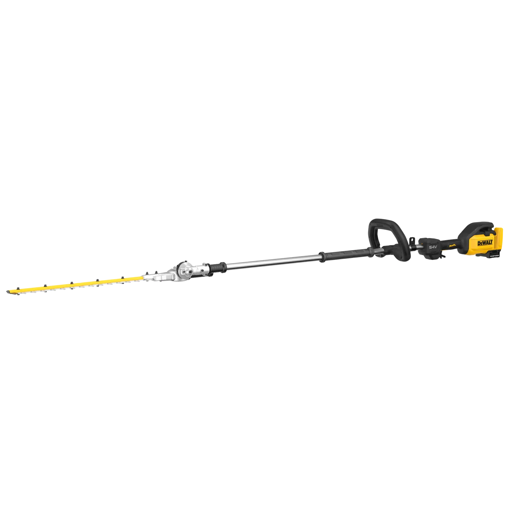 DEWALT Akku-Heckenschere mit gelber Klinge und langem Griff für Gartenarbeiten.