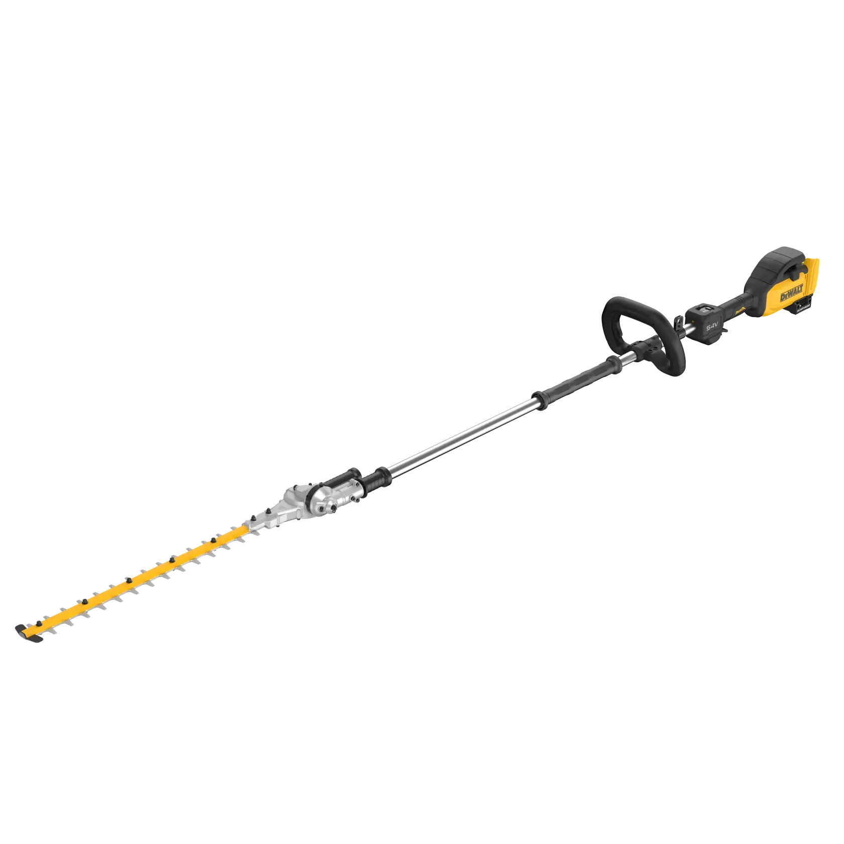 DEWALT Akku-Heckenschere mit gelb-schwarzem Gehäuse, langem Schaft und Griff für große Reichweite.