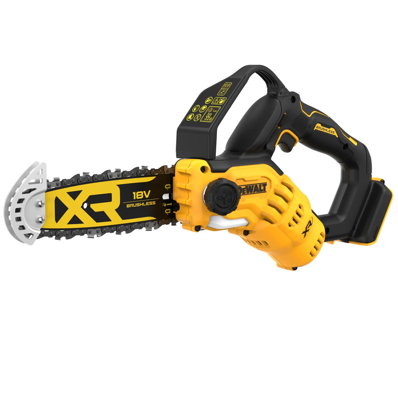 DEWALT XR 18V kabellose Kettensäge in Gelb und Schwarz mit bürstenlosem Motor, Seitenansicht.