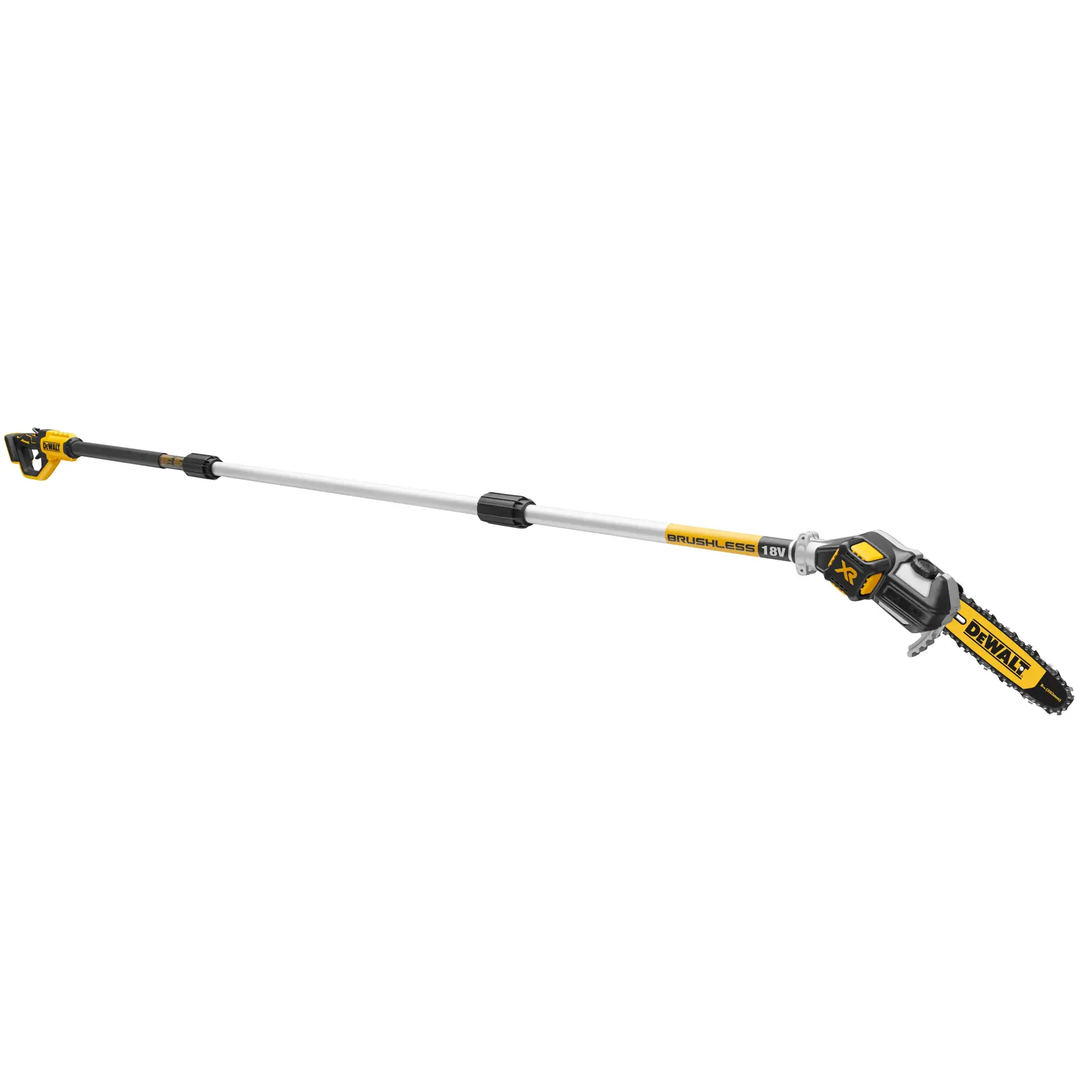 DEWALT 18V Akku-Teleskop-Kettensäge mit langem Stab und bürstenlosem Motor.