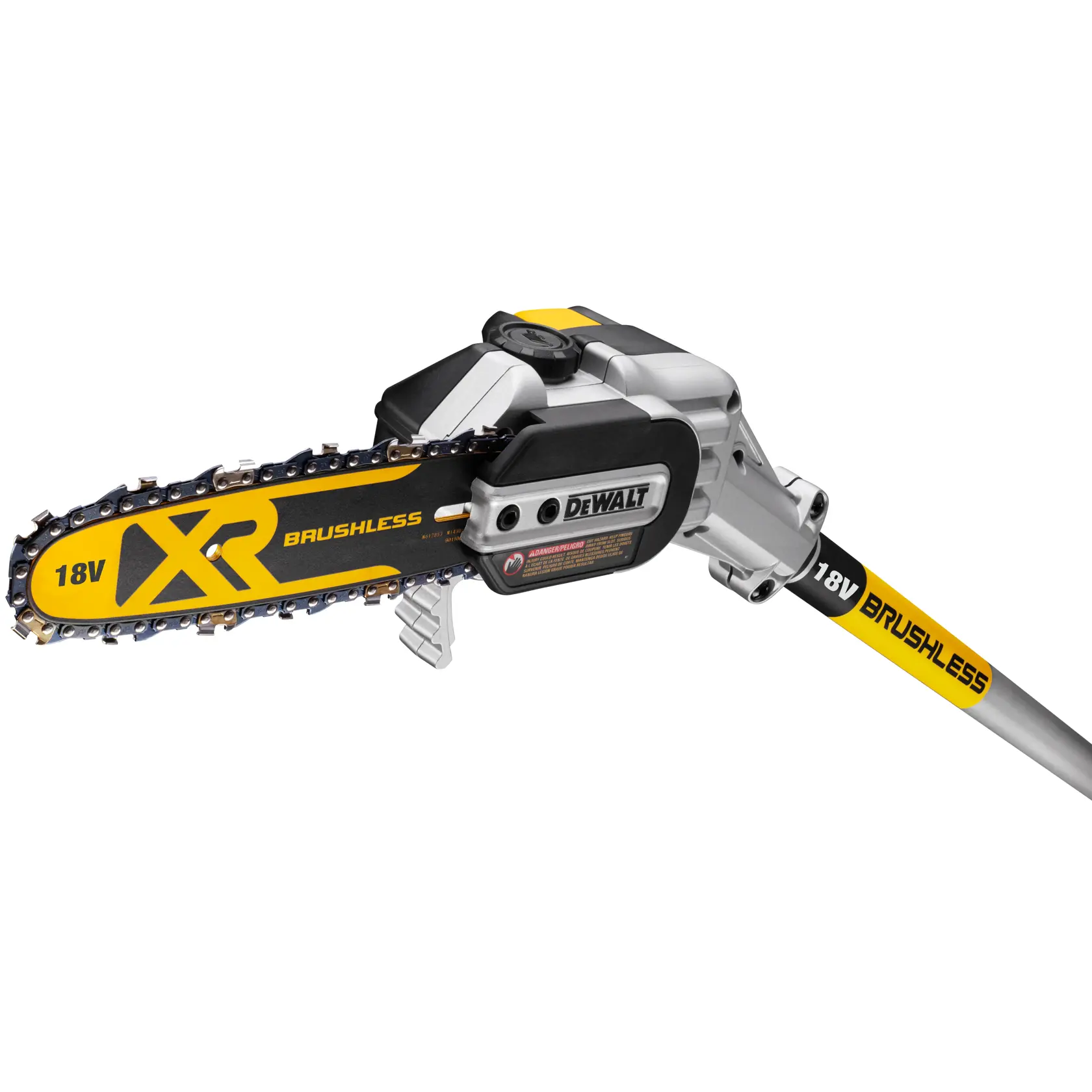 DEWALT 18V XR bürstenlose Hochkettensäge mit gelb-schwarzem Schwert zum Beschneiden.