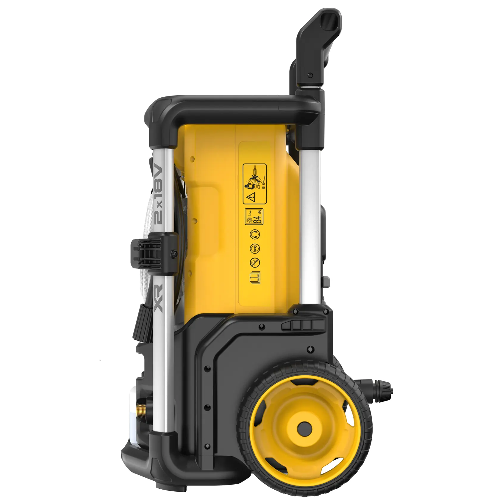 Seitenansicht eines tragbaren DEWALT DCMPW1600 Hochdruckreinigers mit gelb-schwarzem Design, großen Rädern und Griff für einfachen Transport.
