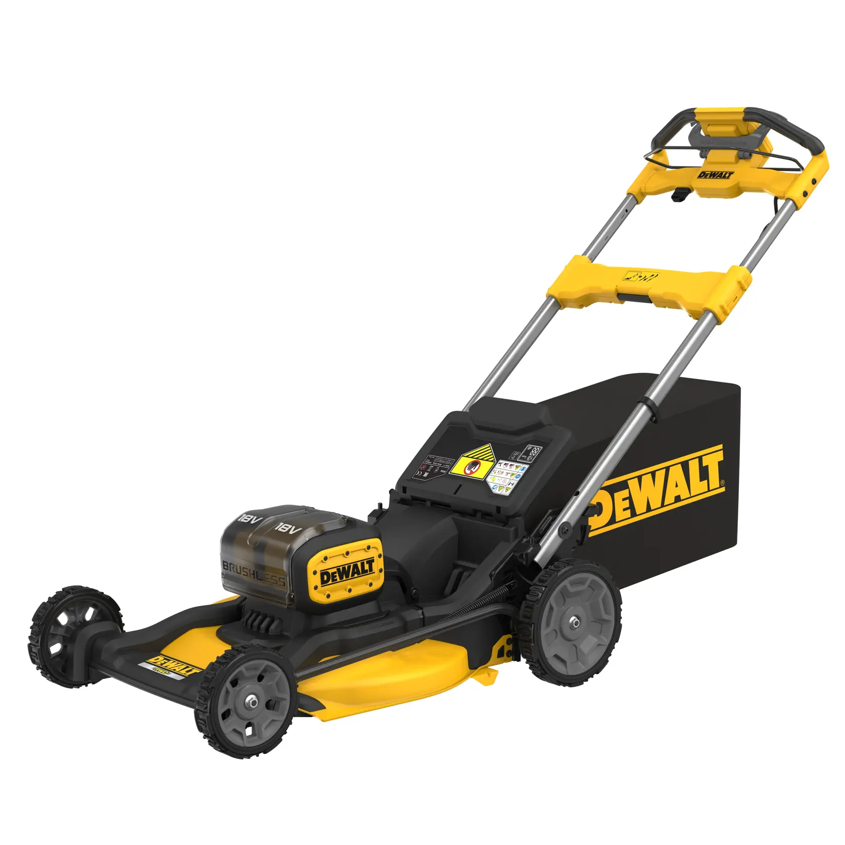 DEWALT Akku-Rasenmäher in Gelb-Schwarz mit verstellbarem Griff.