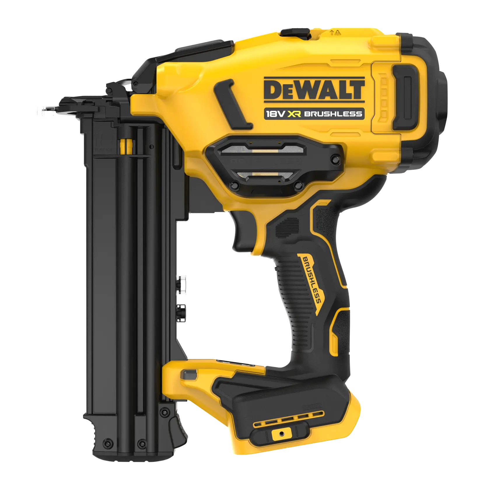 DEWALT 18V XR Brushless Nagelpistole in Gelb-Schwarz, Seitenansicht mit Griff und Batterieschacht.