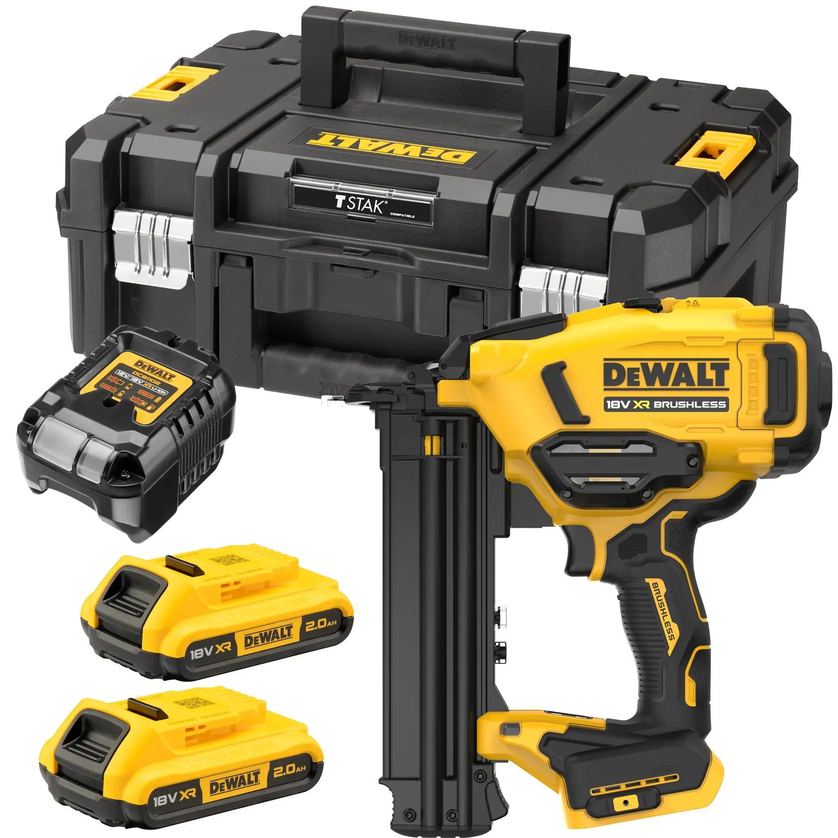 DEWALT 18V XR Brushless Nagelset mit zwei Akkus, Ladegerät und TSTAK Koffer abgebildet.