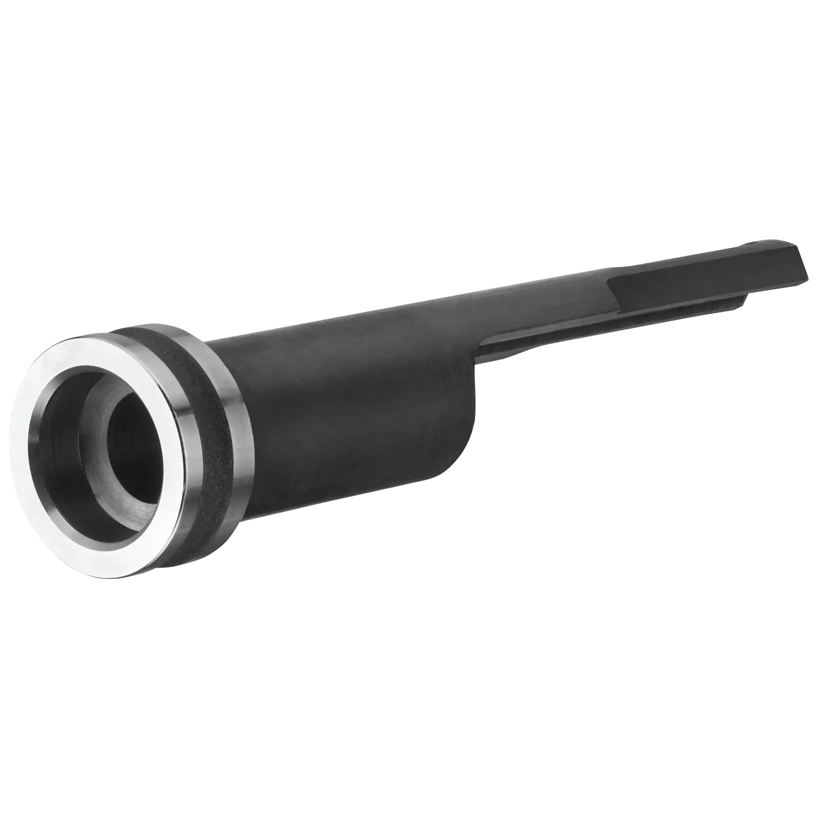 Un accesorio de herramienta de metal DEWALT, modelo DCN8903, diseñado como punta de cargador para herramientas de fijación. El accesorio es negro con un anillo plateado en un extremo y se utiliza en aplicaciones de construcción.