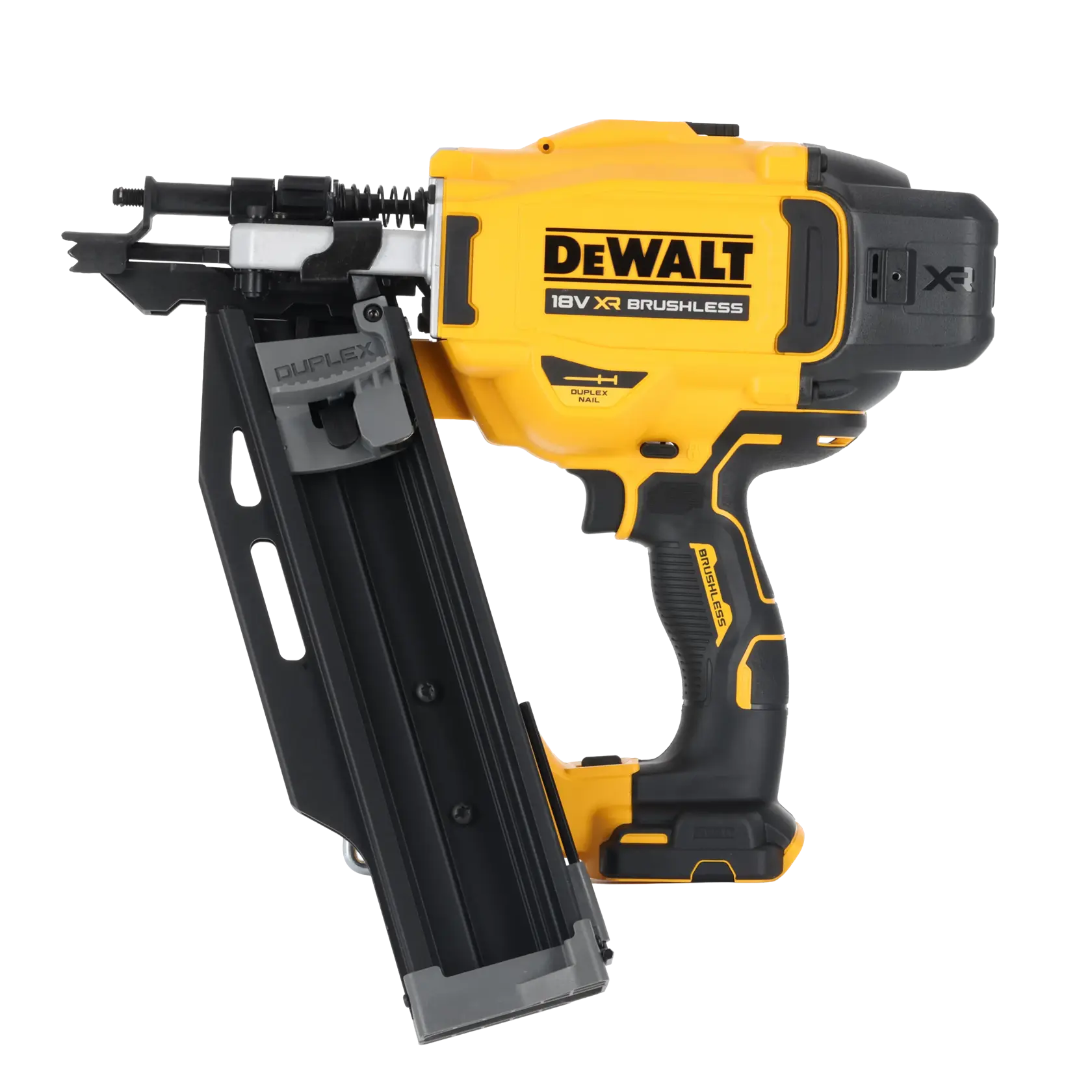 DEWALT 18V XR Brushless Nagelpistole mit gelb-schwarzem Gehäuse, abgewinkeltem Magazin und Griff.