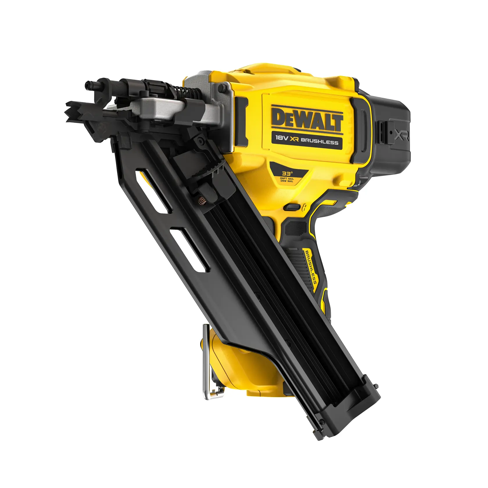 DEWALT 18V XR bürstenlose gelb-schwarze Nagelpistole mit abgewinkeltem Magazin für Bauarbeiten.