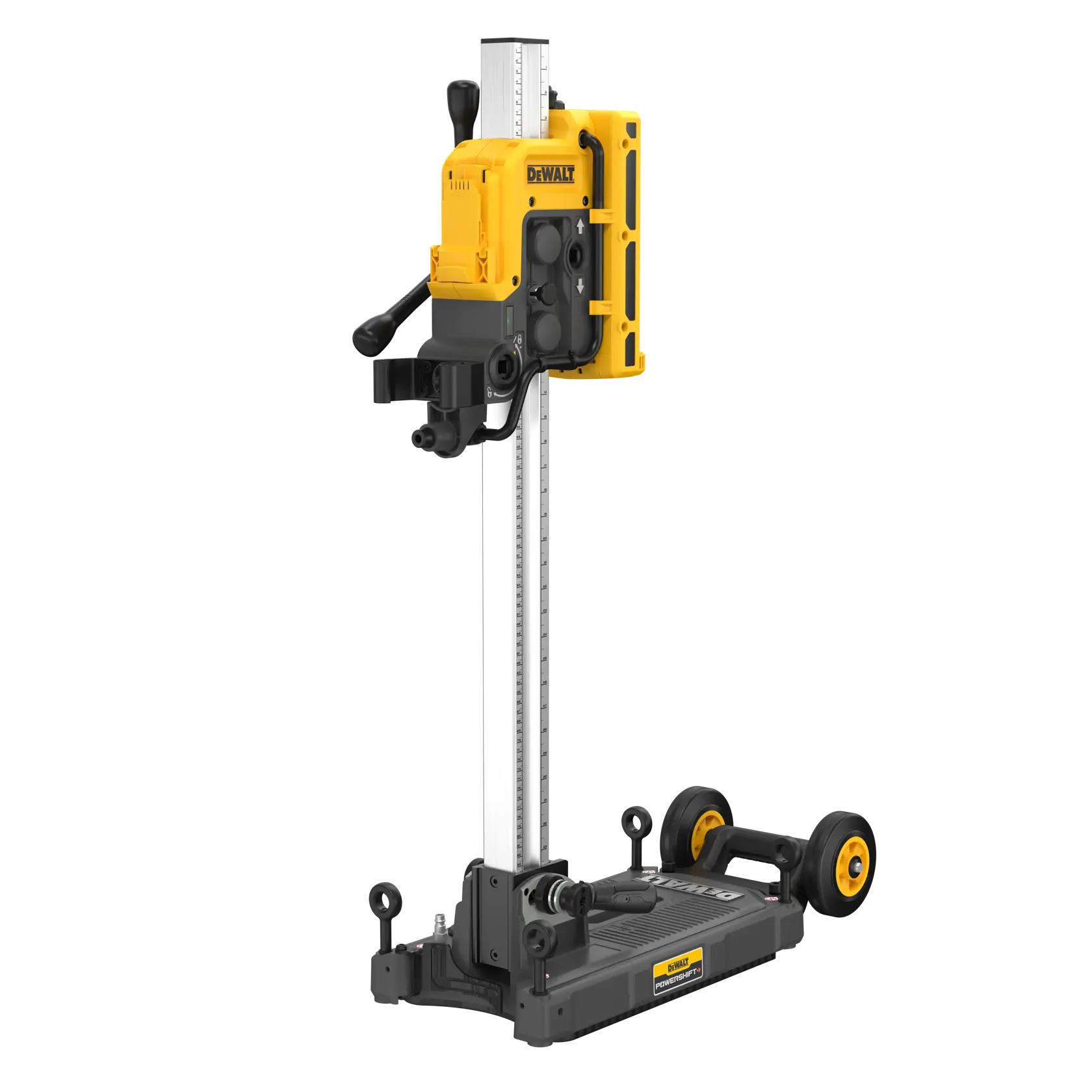 Taladro de columna DEWALT DCPS151 amarillo y negro con base y ruedas para tareas de perforación portátil.