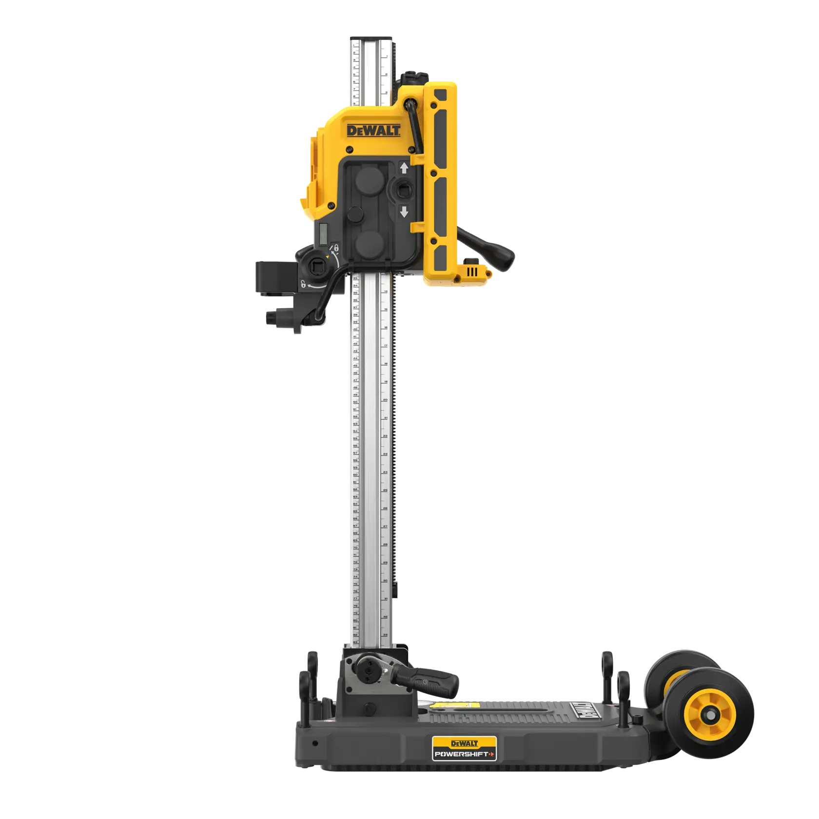 Soporte para taladro DEWALT DCPS151 con ruedas, regla vertical y mango, en amarillo y negro.
