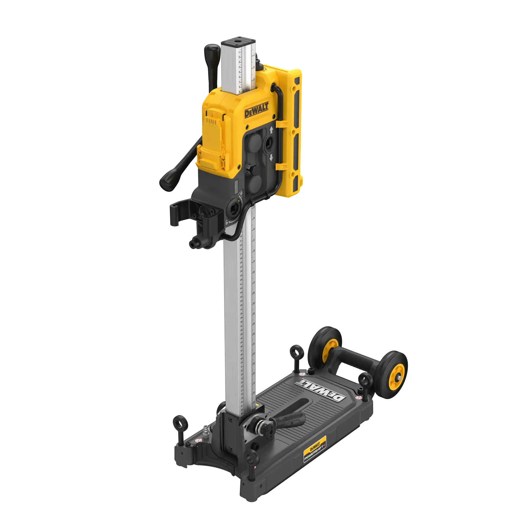 Soporte para herramientas fotográficas DEWALT DCPS151, altura ajustable y ruedas, en amarillo y negro.