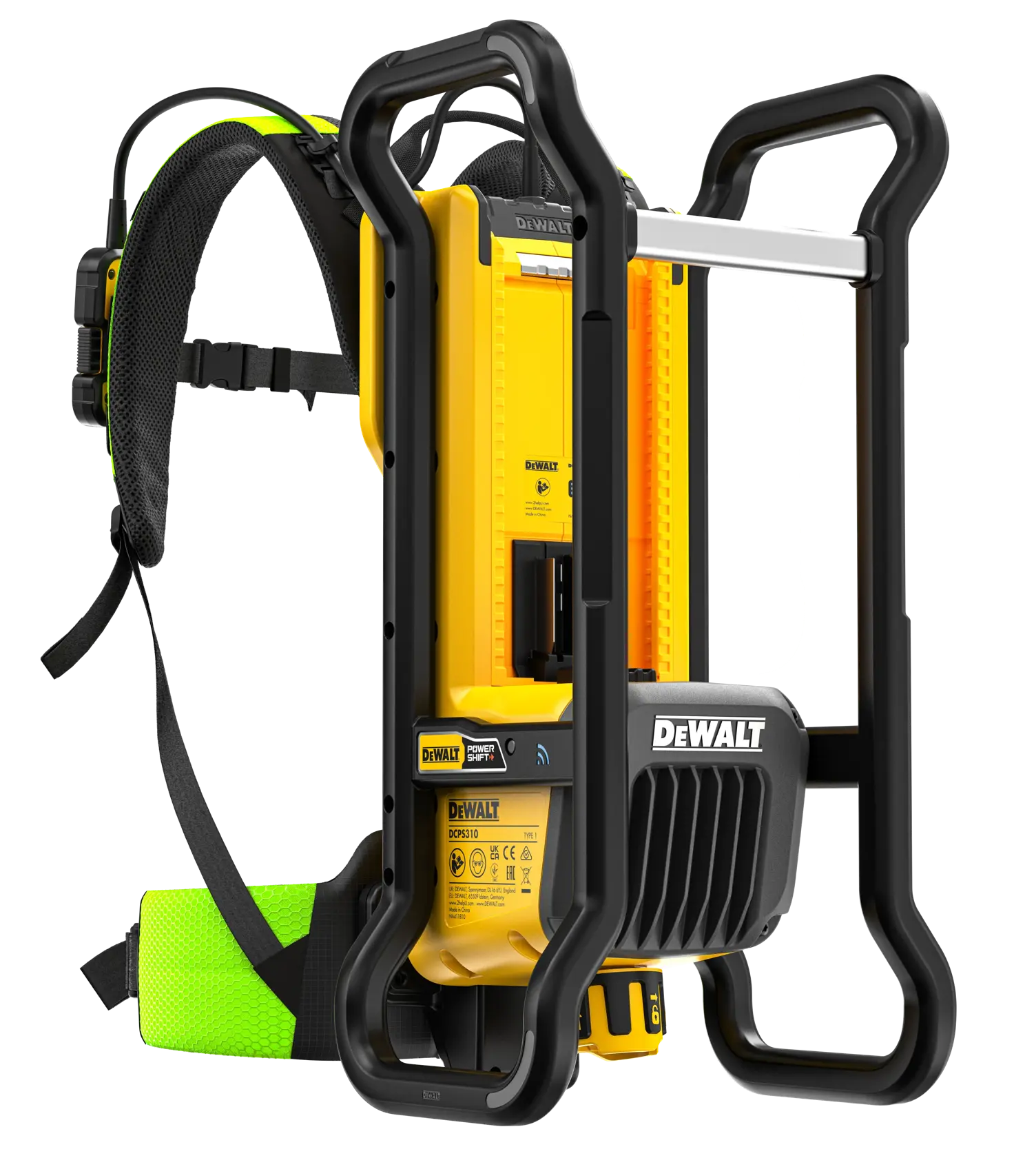 DEWALT DCPS310N gelbes Gerät mit schwarzem Rahmen, Rucksackgurt und grüner Polsterung.