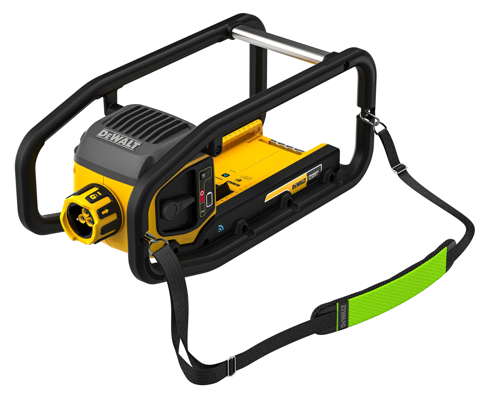DEWALT tragbares gelbes Werkzeug mit schwarzem Rahmen und grünem Gurt, Modell DCPS320N.