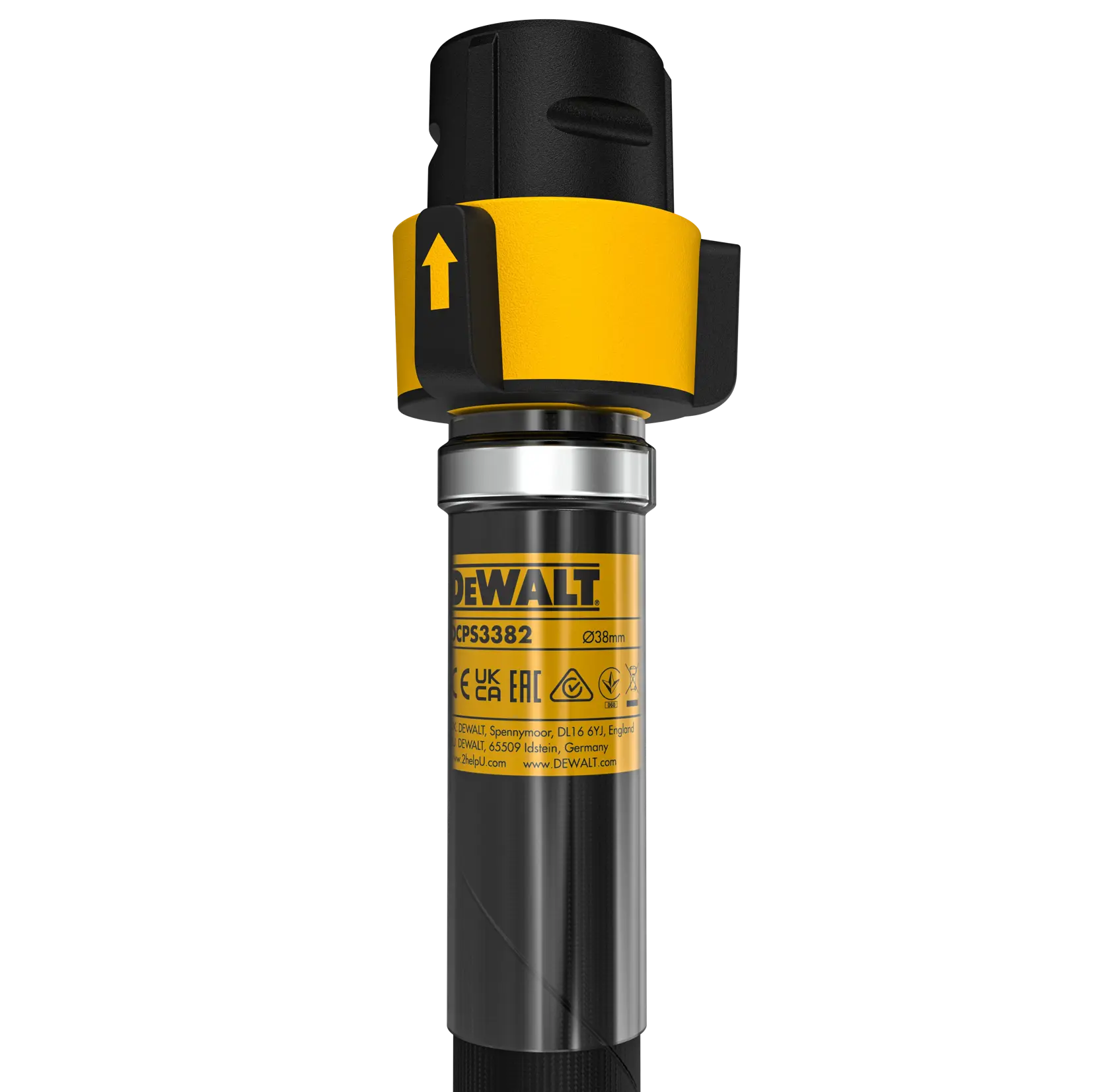 Ein DEWALT DCPS3382 Betonvibrator mit einem langen flexiblen schwarzen Schaft und einem zylindrischen Vibrationskopf, fotografiert vor weißem Hintergrund.