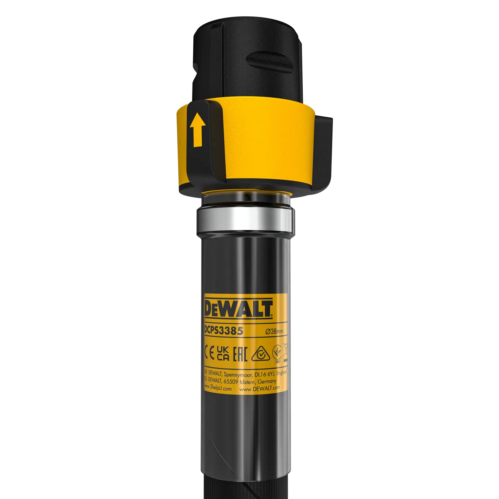 DEWALT DCPS3385 Fotowerkzeug Nahaufnahme mit gelbem Etikett und Anschlussdetails.
