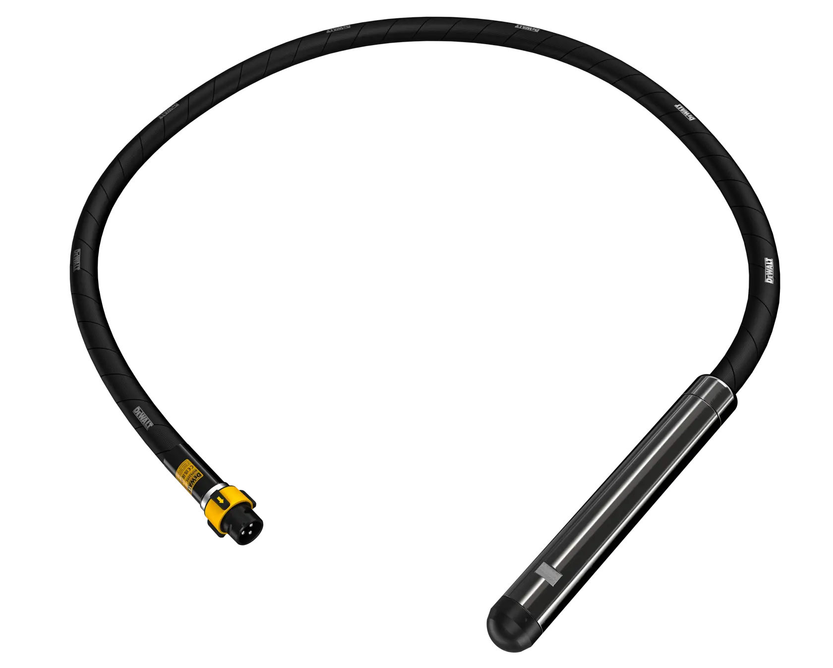 Ein DEWALT Betonvibrator mit langem, flexiblem schwarzem Schaft und zylindrischem Metall-Vibrationskopf, dargestellt vor weißem Hintergrund.