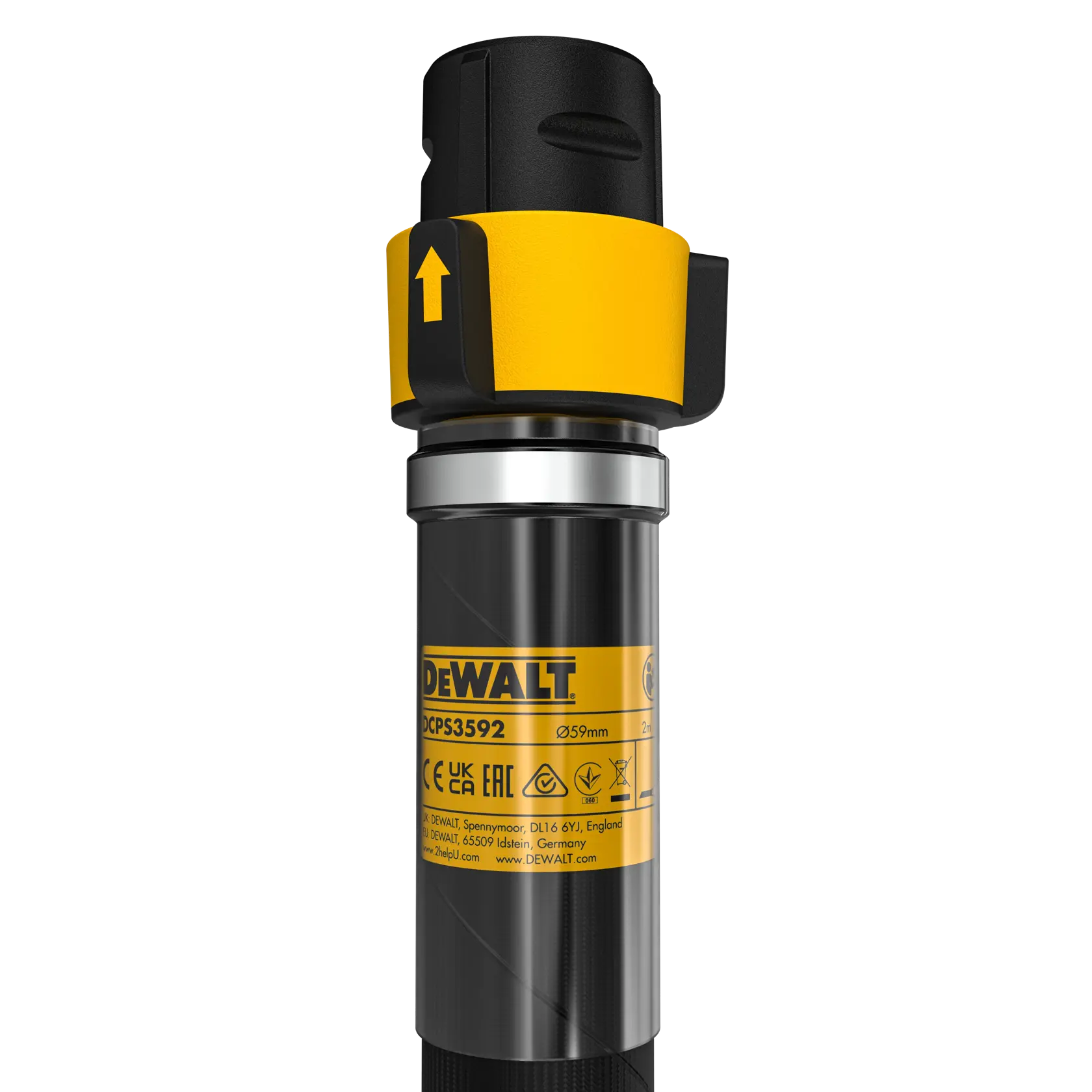 Nahaufnahme der DEWALT DCPS3592 Stange mit gelbem Sicherheitskragen und Produktetikett.