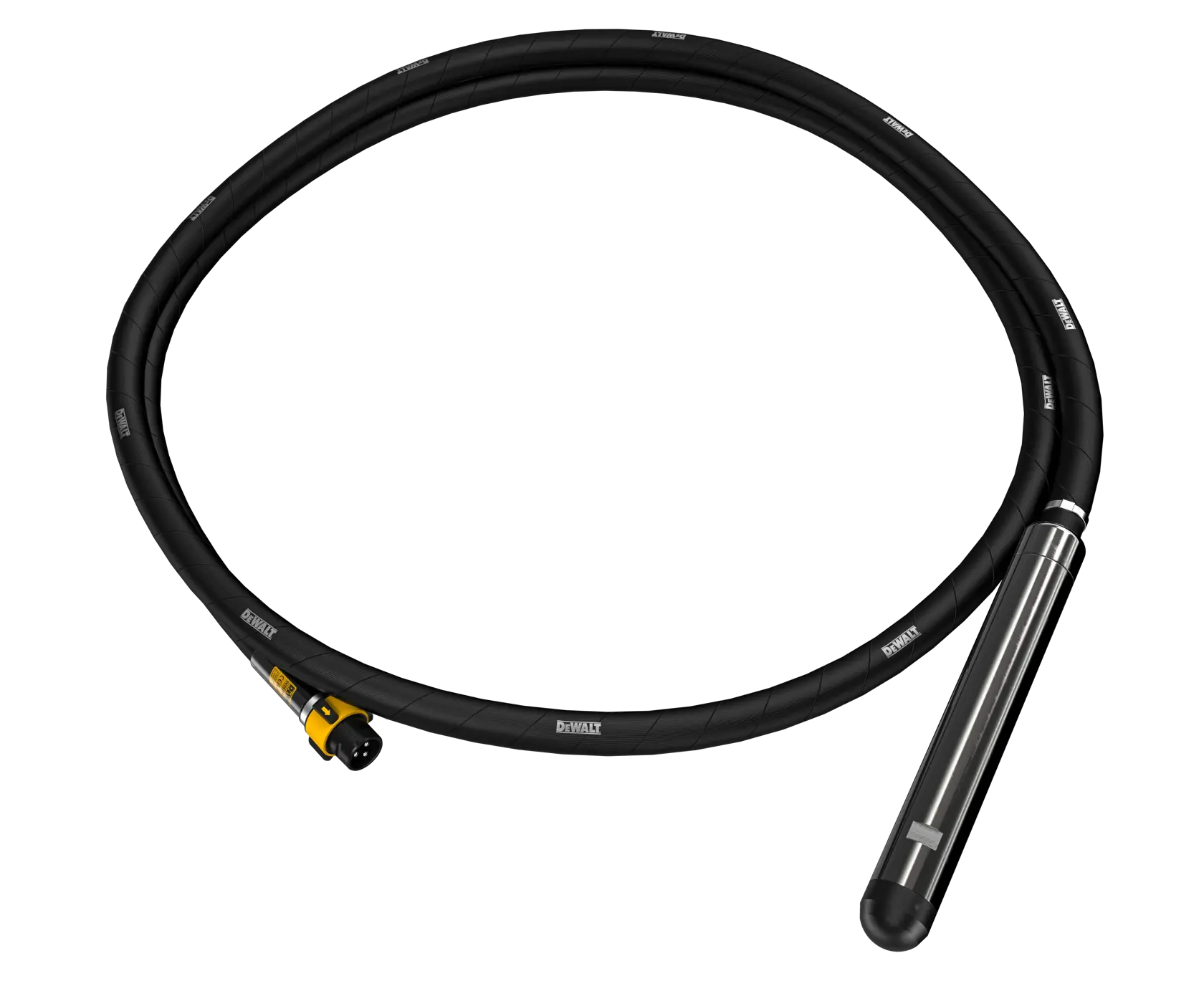 Ein DEWALT Betonvibrator-Aufsatz mit einem langen schwarzen flexiblen Schlauch und einem metallischen zylindrischen Vibrationskopf, auf weißem Hintergrund dargestellt.
