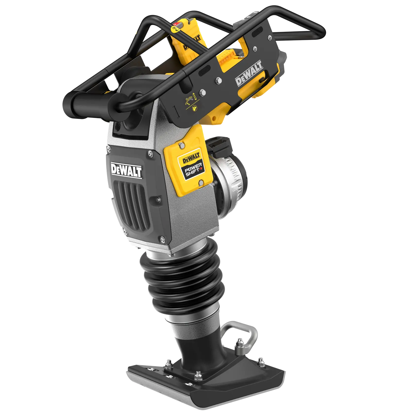 DEWALT kabellose Rüttelplatte mit robustem Fuß und Schutzgriff, Modell DCPS660N.