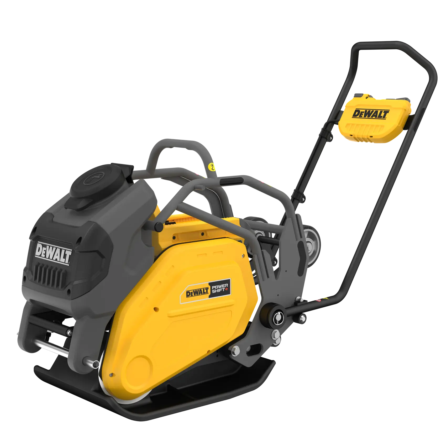 DEWALT Rüttelplatte in Gelb und Schwarz mit Griff, für Bodenverdichtung auf Baustellen konzipiert.