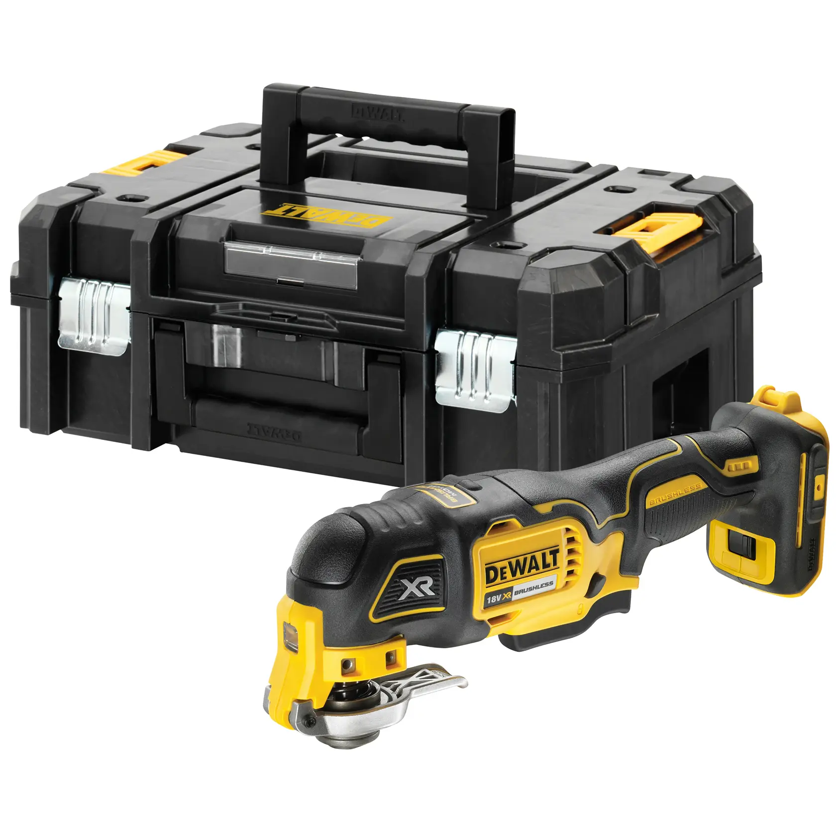 DEWALT DCS356NT Akku-Multitool und robuster schwarzer Transportkoffer mit gelben Details.