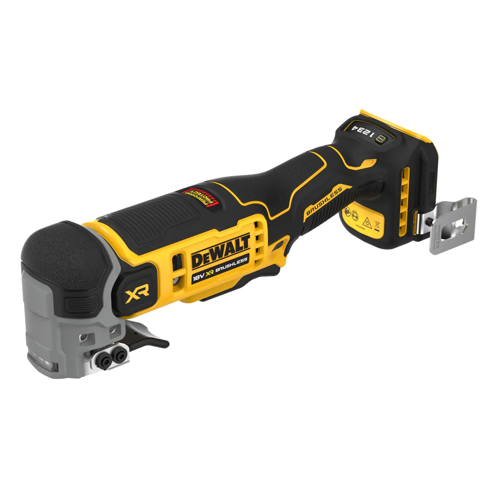DEWALT 18V XR bürstenloses oszillierendes Multitool mit ergonomischem Griff und gelb-schwarzem Design auf Weiß.