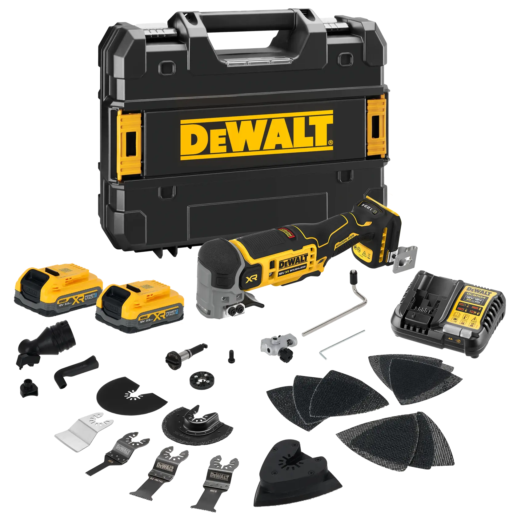 DEWALT Akku-Multitool-Set mit Zubehör, zwei Akkus, Ladegerät und Transportkoffer.