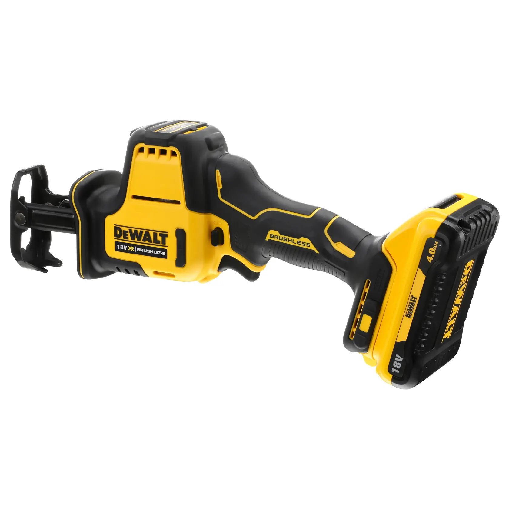 DEWALT 18V XR Akku-Säbelsäge mit bürstenlosem Motor, gelb-schwarzes Design, Seitenansicht.