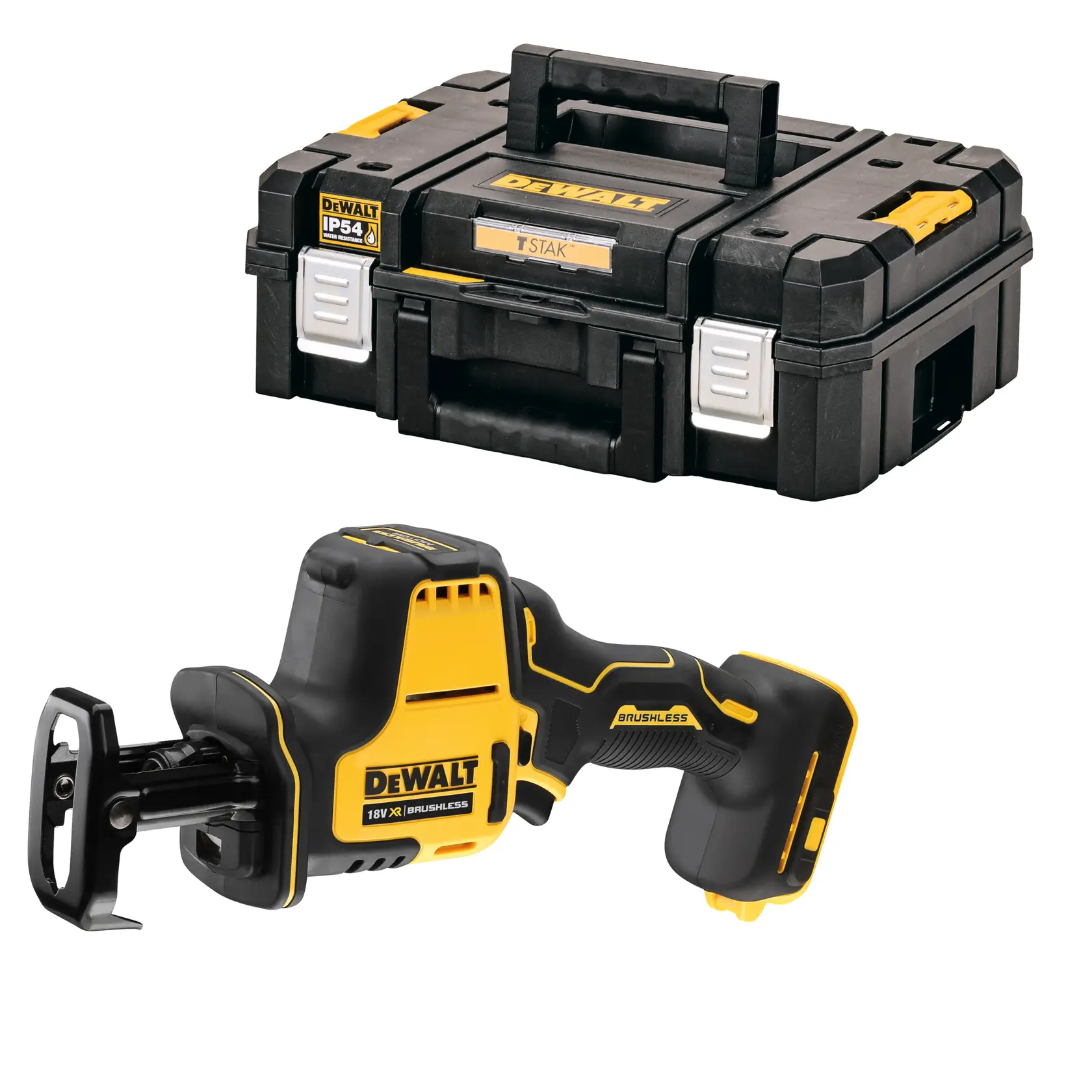 Eine DEWALT 18V XR Brushless Säbelsäge ist neben einem schwarz-gelben DEWALT TSTAK Aufbewahrungskoffer zu sehen. Beide Werkzeuge liegen auf einem weißen Hintergrund.