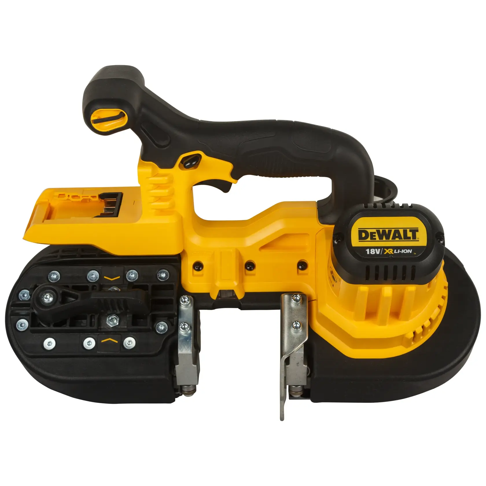 Eine DEWALT 18V XR Li-Ion kabellose tragbare Bandsäge mit gelb-schwarzem Gehäuse, entwickelt zum Schneiden von Metall und anderen Materialien.
