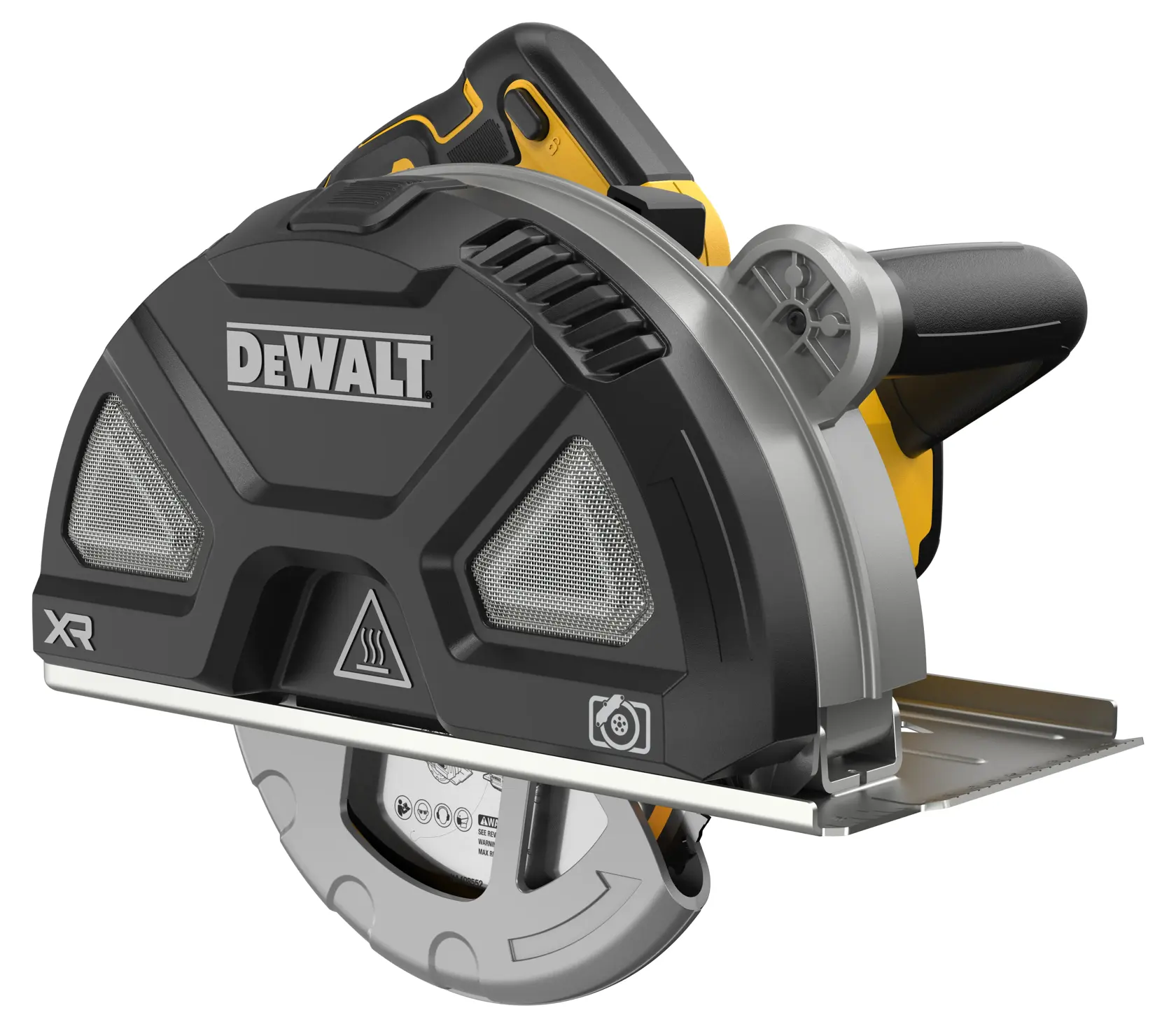 DEWALT Säge, Modelle DCS383N und DCS383N-XJ, schwarze Abdeckung, Griff, Fotoprodukt.