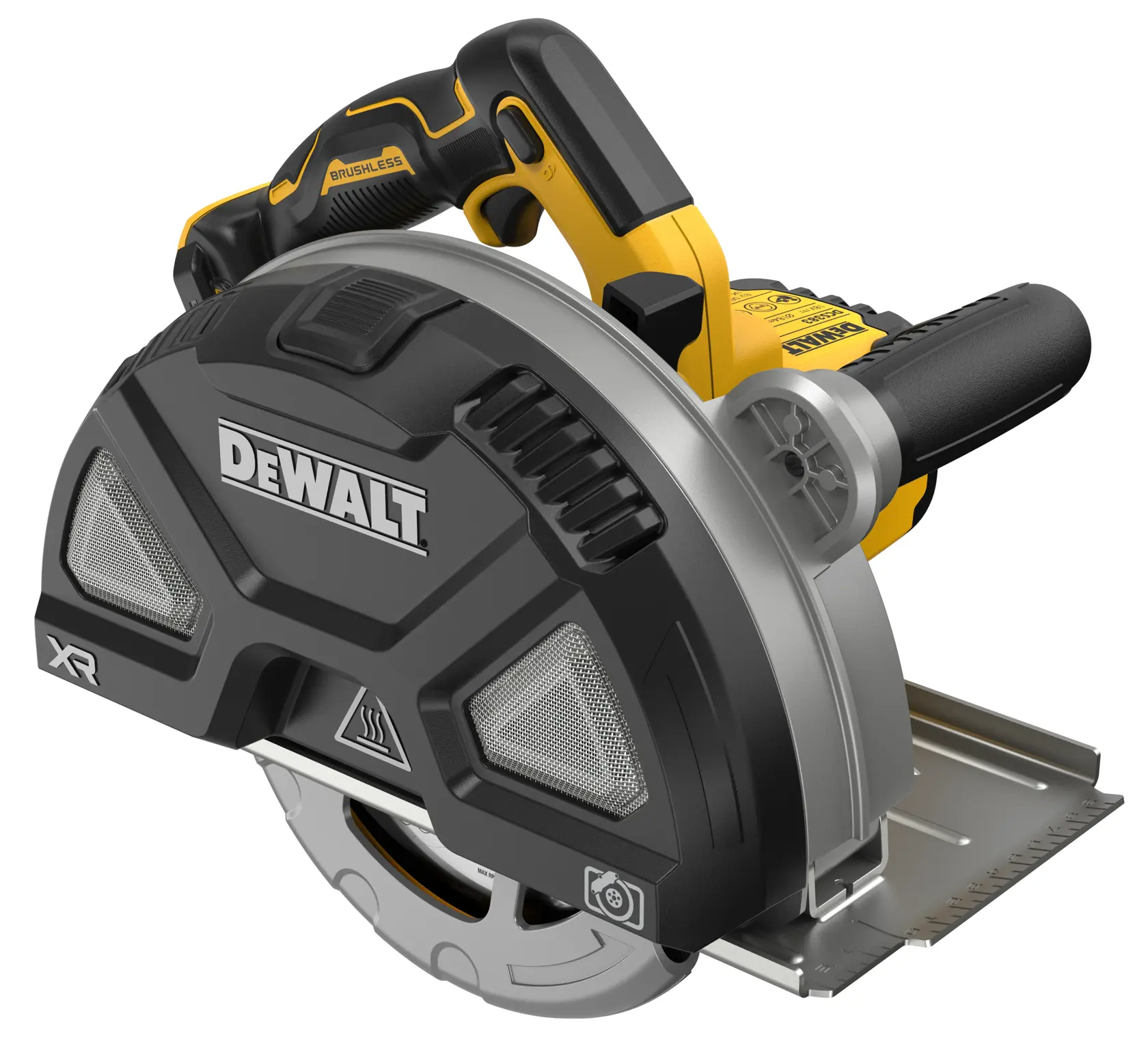 DEWALT Säge, Fotografie-Kategorie, SKUs DCS383N, DCS383N-XJ. Gelb-schwarzes Werkzeug mit Schutz.