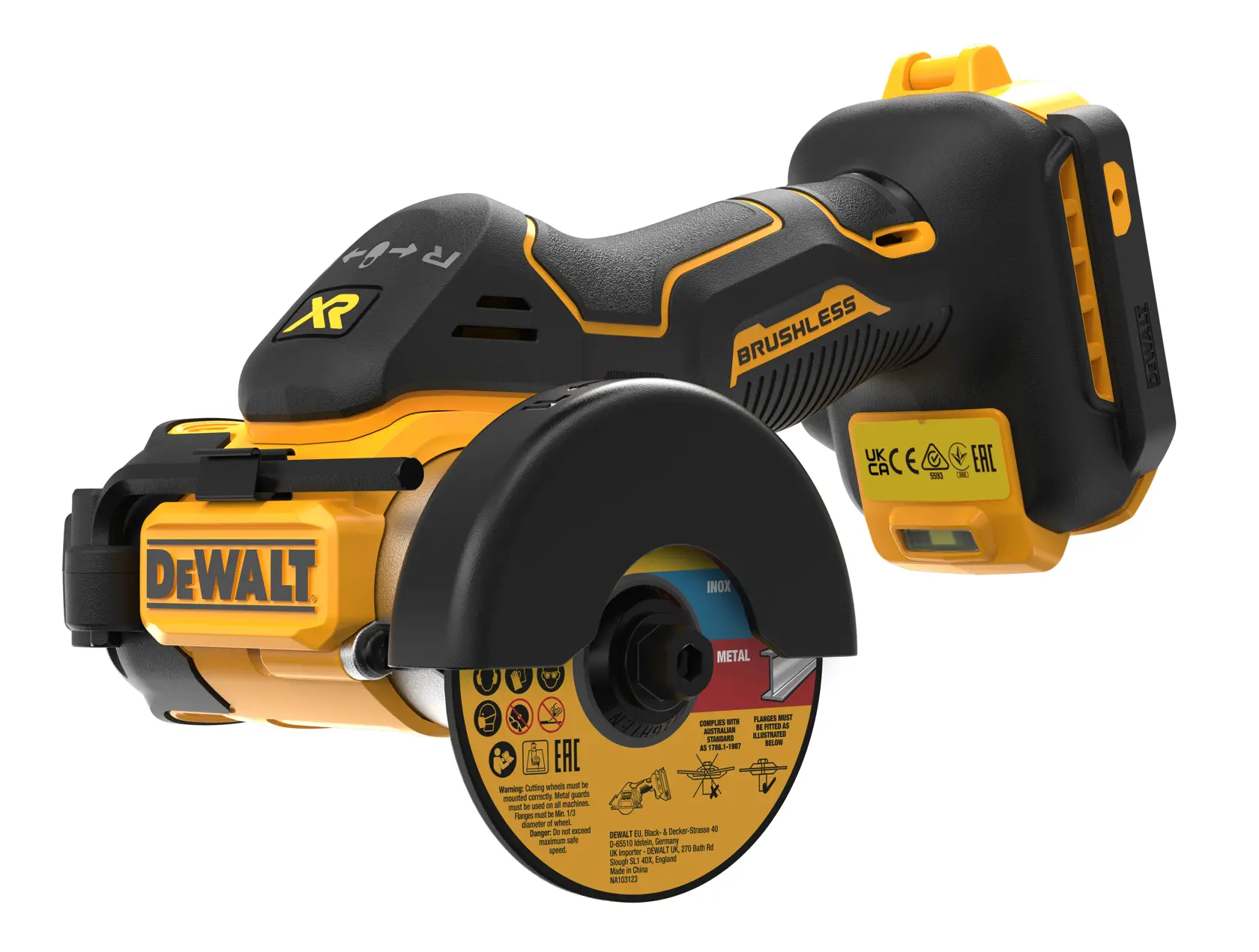 DEWALT DCS438N bürstenlose, kabellose Trennschleifer mit Schutzabdeckung und DEWALT-Logo, gezeigt mit einer Metallscheibe.