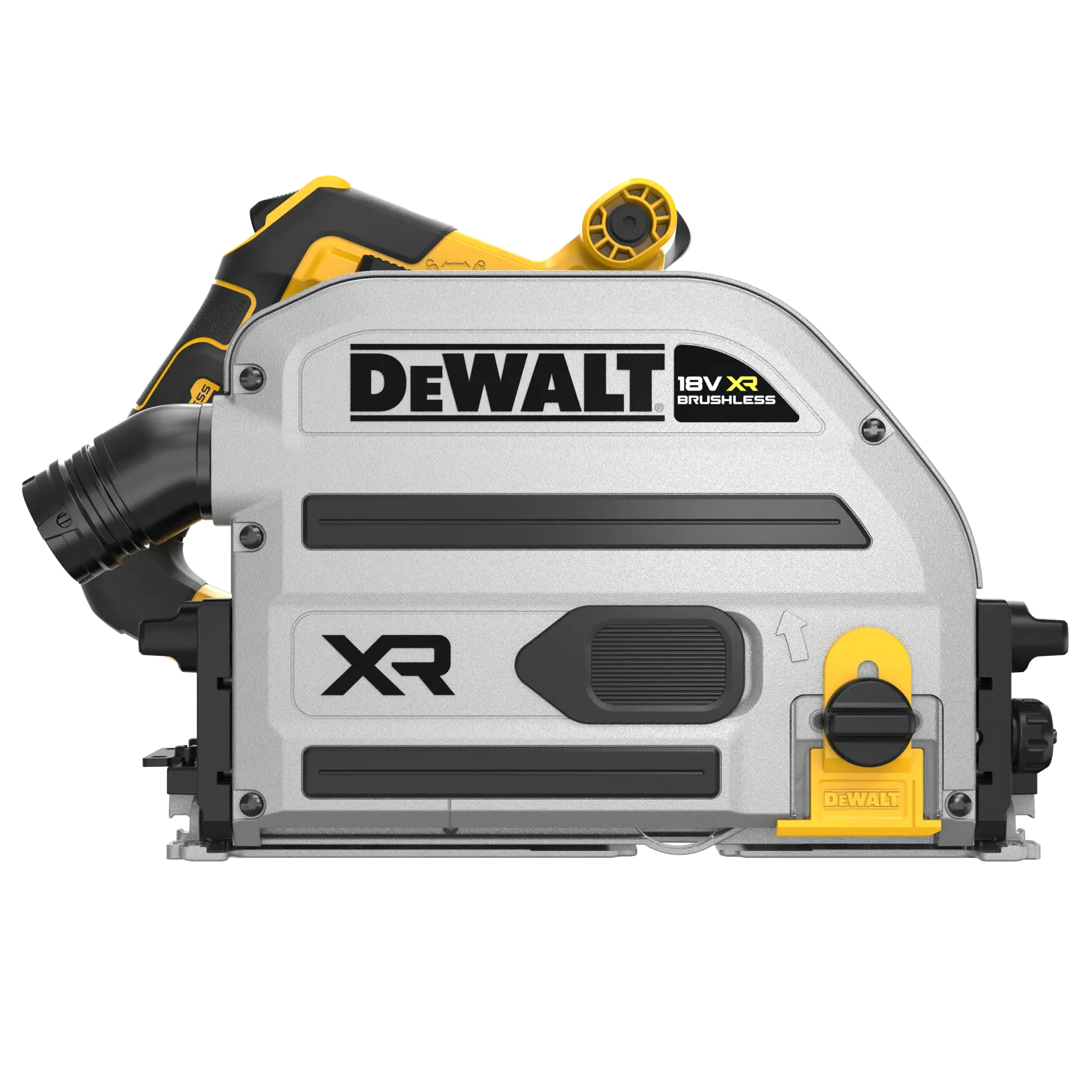 Scie à rail DEWALT 18V XR Brushless, boîtier argenté et détails jaune-noir, vue latérale.