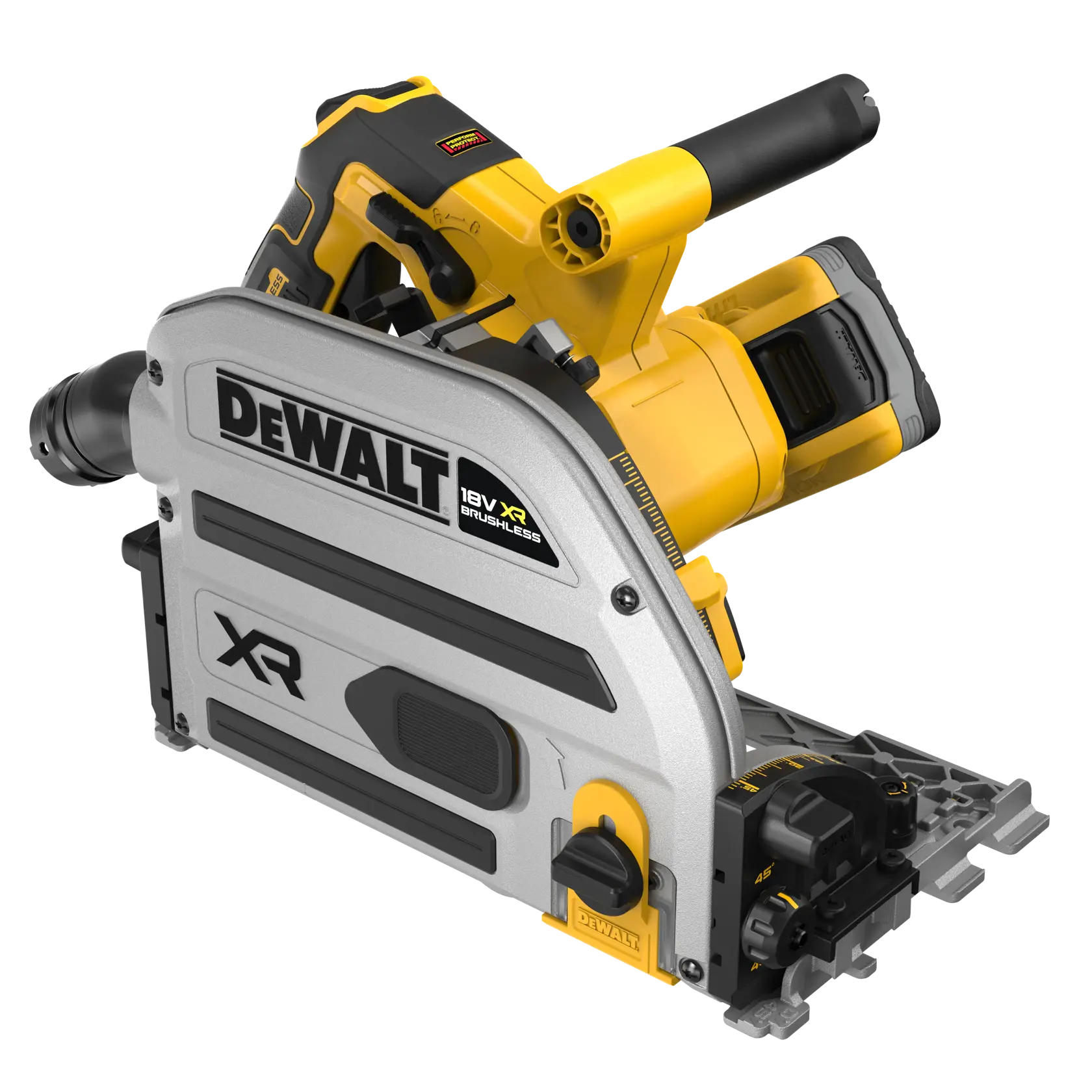Scie plongeante DEWALT 18V XR sans fil, design argent jaune, poignée ergonomique et base solide.